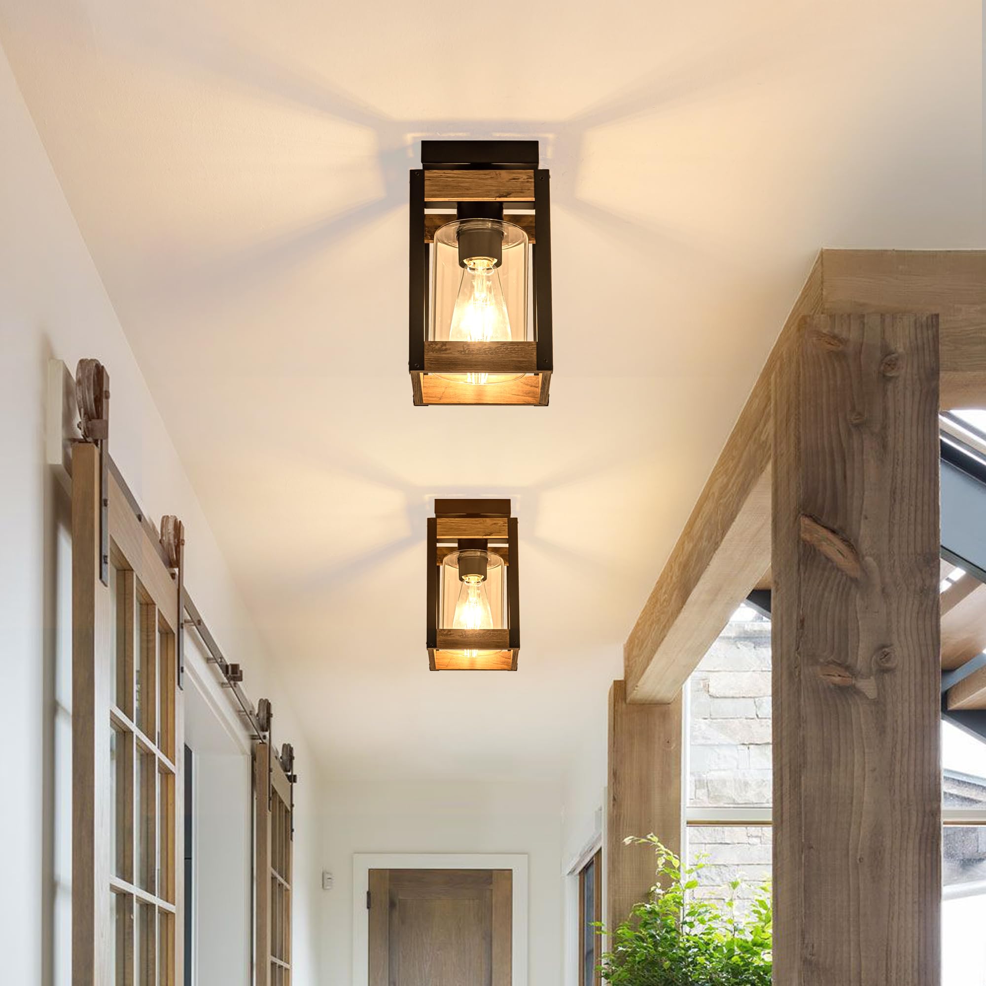 Mayful Rustic Flush Mount Ceiling Light With Metal & Wood Frame, Clear Glass Fixture For Home