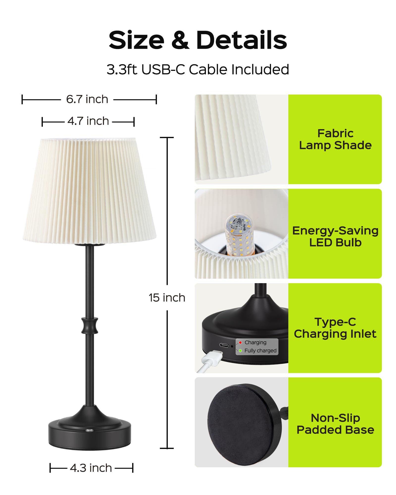 JACKYLED Cordless Table Lamp - 3 Color LED Lights, 5400mAh Rechargeable, Black Fabric Shade, Model JKTL01-7005404B