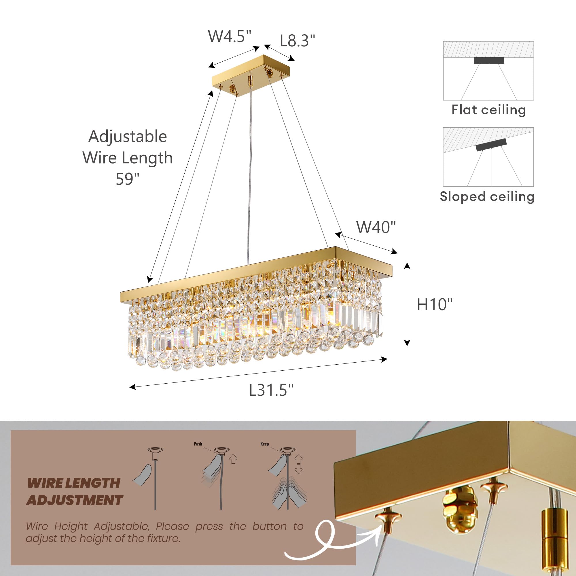 Tinkoso Crystal K9 Rectangle Chandelier For Dining Room,6-Light Modern Rectangular Pendant Light Fixture For Kitchen Island Bar,