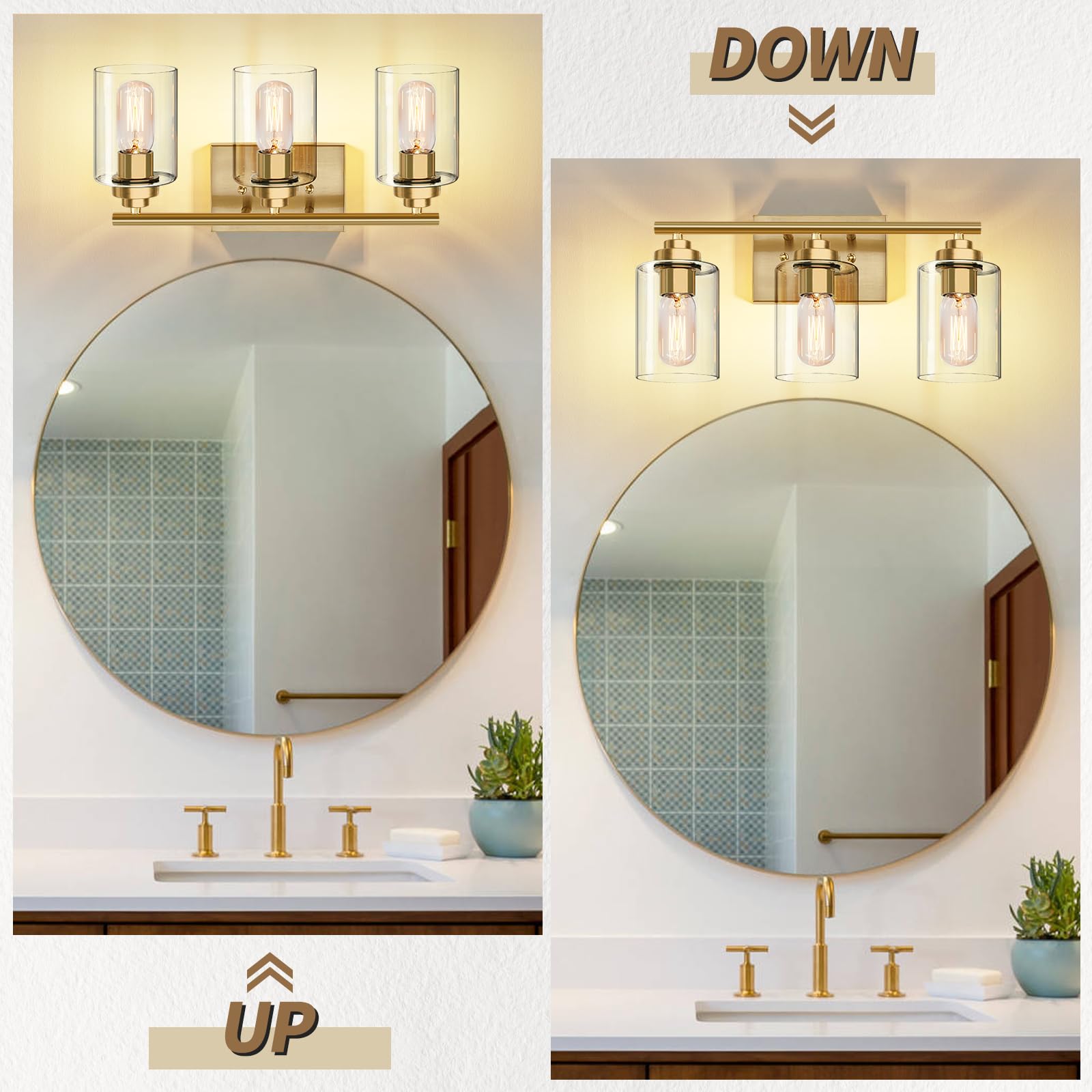 Bathroom Vanity Light Over Mirror,Vanity Light For Bathroom,Bathroom Light Fixture Wall Sconce Lighting For Bedroom,Living Room (Gold, 3-Light)