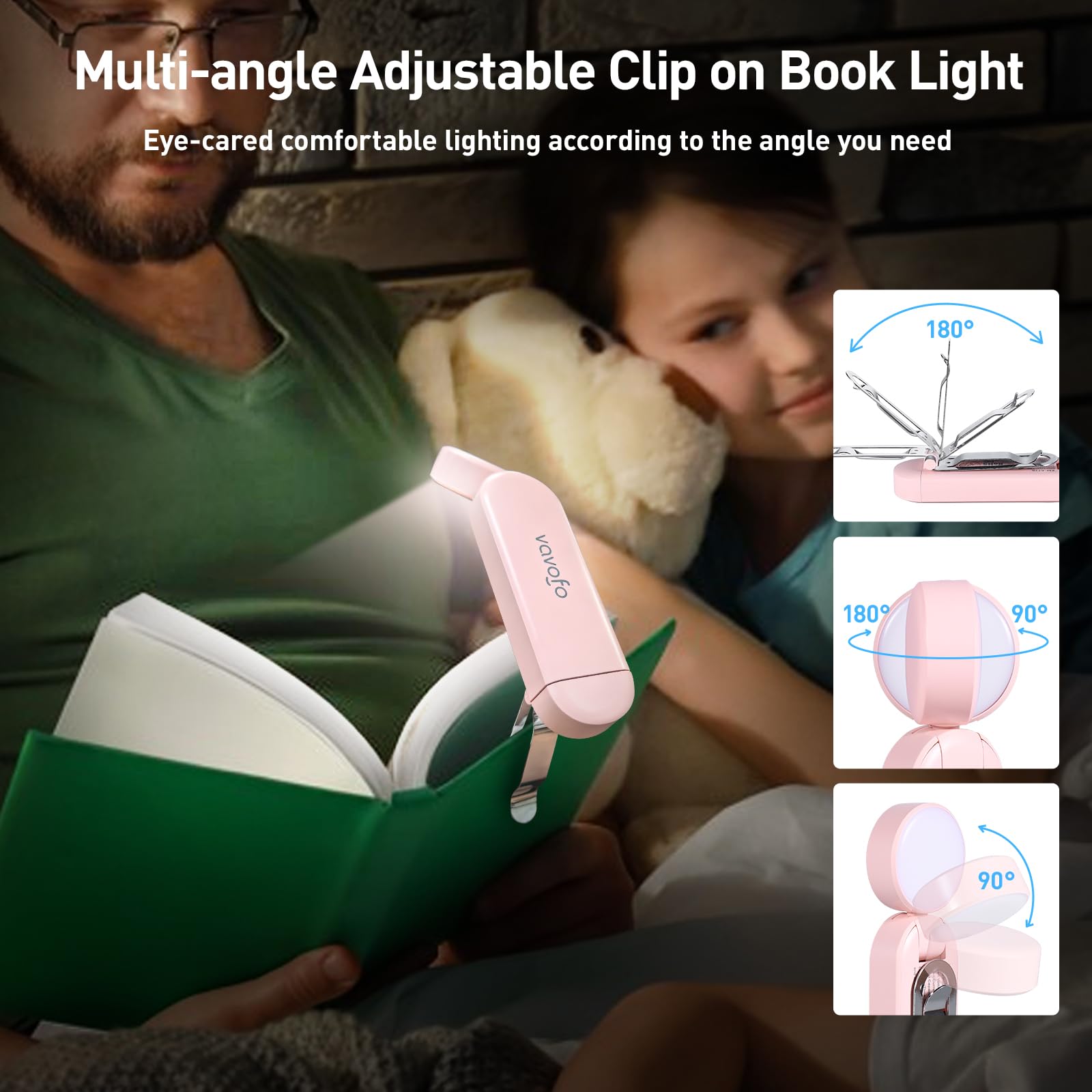 Vavofo Usb Rechargeable Book Light, Blue Light Blocking, Amber Light Clip On Bookmark Shaped Reading Light, Eye Care 6 Leds Book Light For Bookworms Reading In Bed With 9 Lighting Modes (Light Pink)