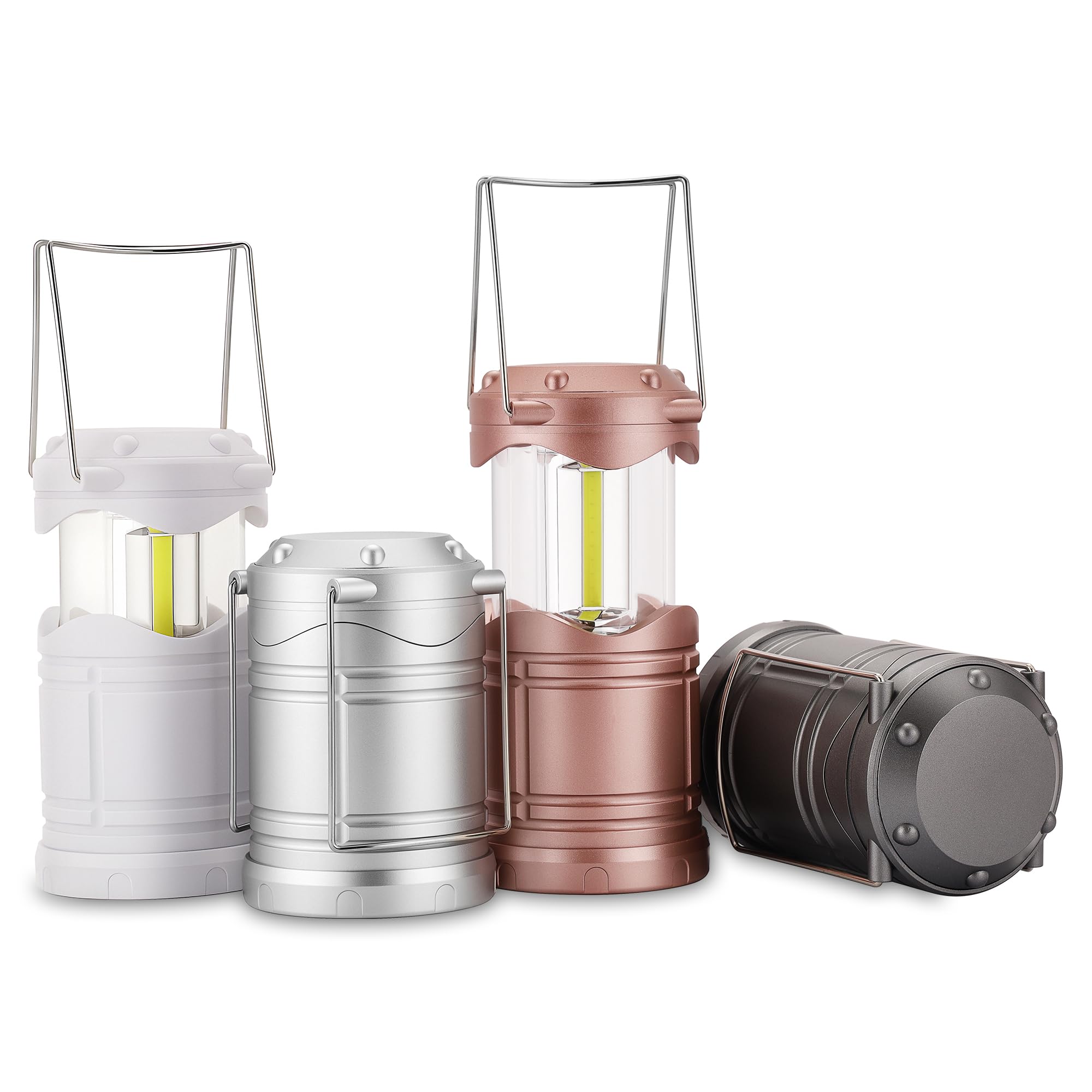 Lichamp LED Camping Lantern, 4 Pack, Battery Powered, Portable, Collapsible, Model B4C4, Colors: White, Silver, Rose Gold, Gray
