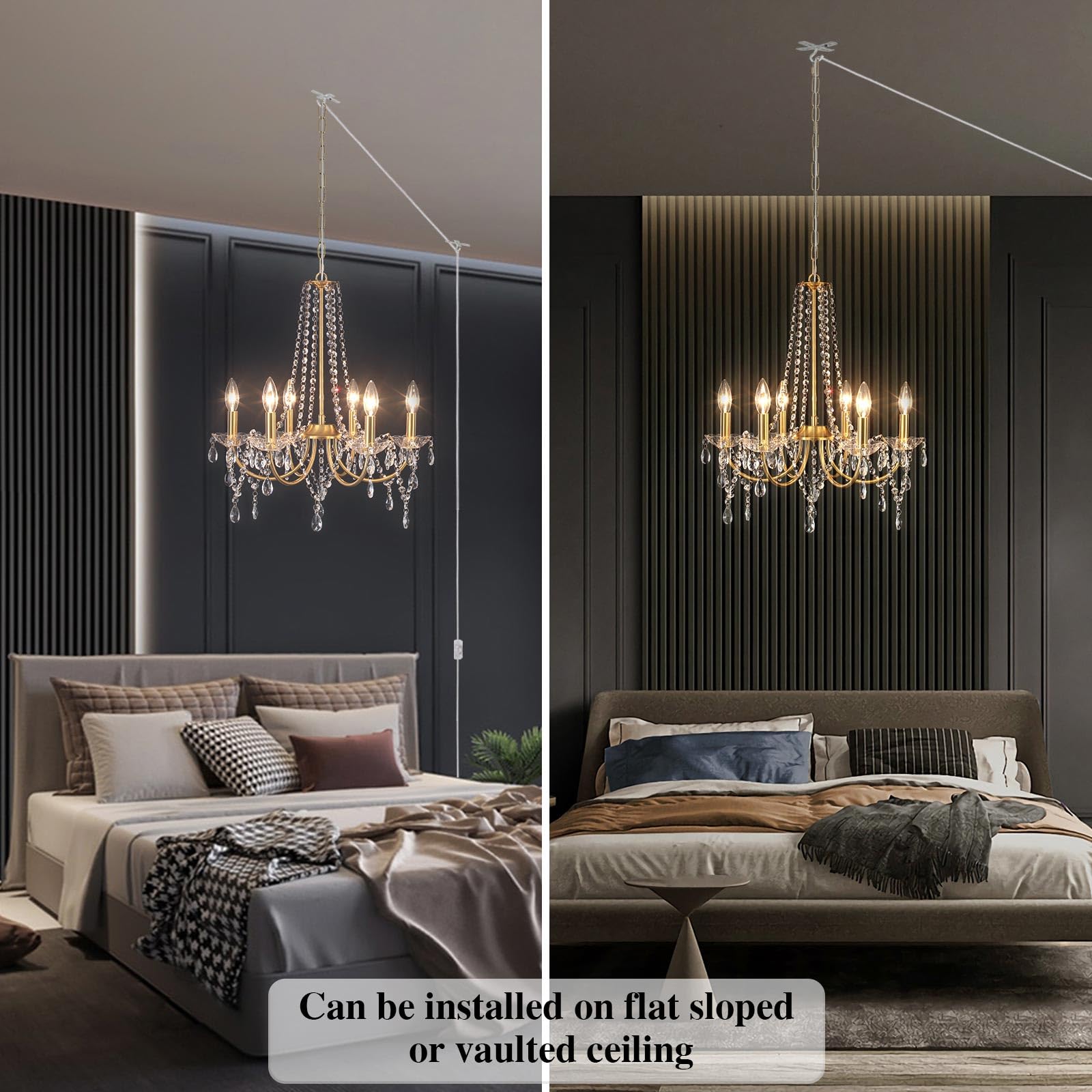 Meijia Plug In Crystal Gold Chandeliers Lighting Fixture 6 Light Modern Crystal Chandelier With 15.75Feets Plug In Cord Gold Mini Plug In Chandelier For Dining Room Bedroom Entryway Bathroom Closet