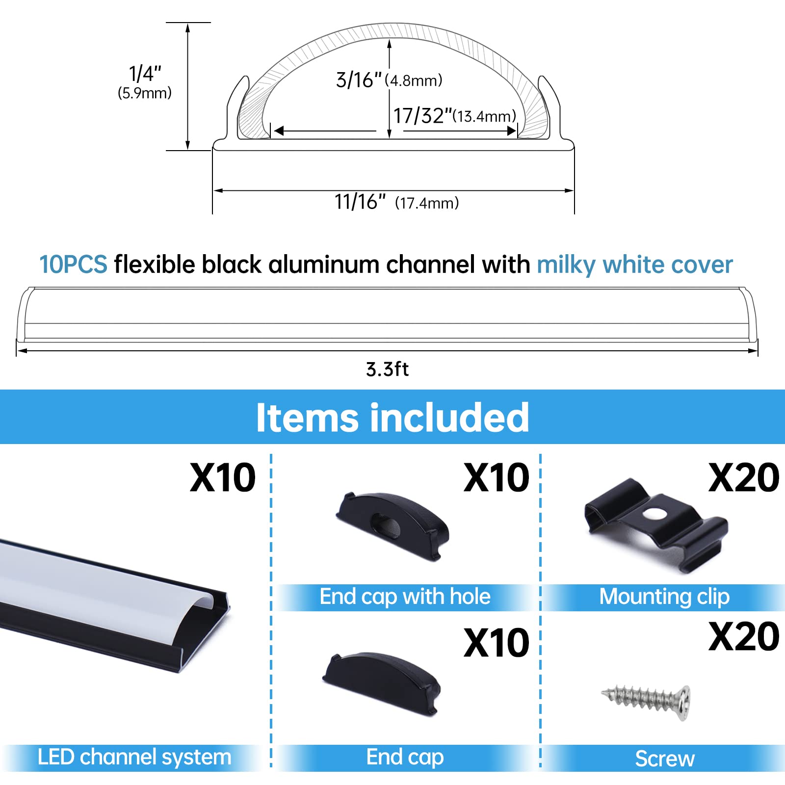 Muzata 10Pack 3.3Ft Black Led Channel With Milky White Cover For Strip Light - Bendable Aluminum
