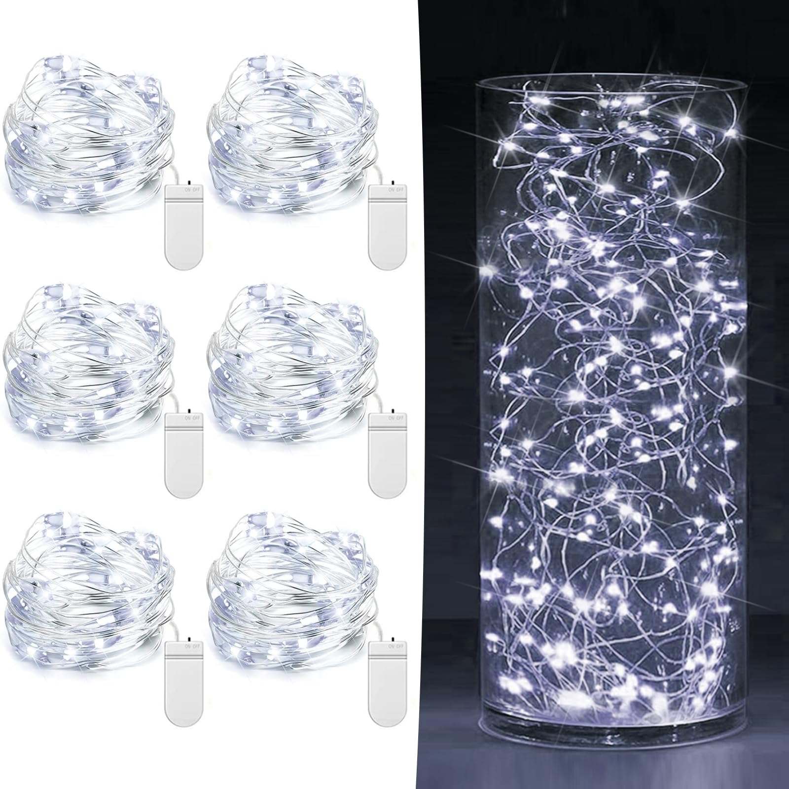 6 Pack Fairy Lights Battery Operated 7Ft 20 Led Mini String Lights Twinkle Lights Silver Wire Firefly Starry Lights For Mason Jars Wedding Party Christmas Centerpiece Table Decorations, Cool White