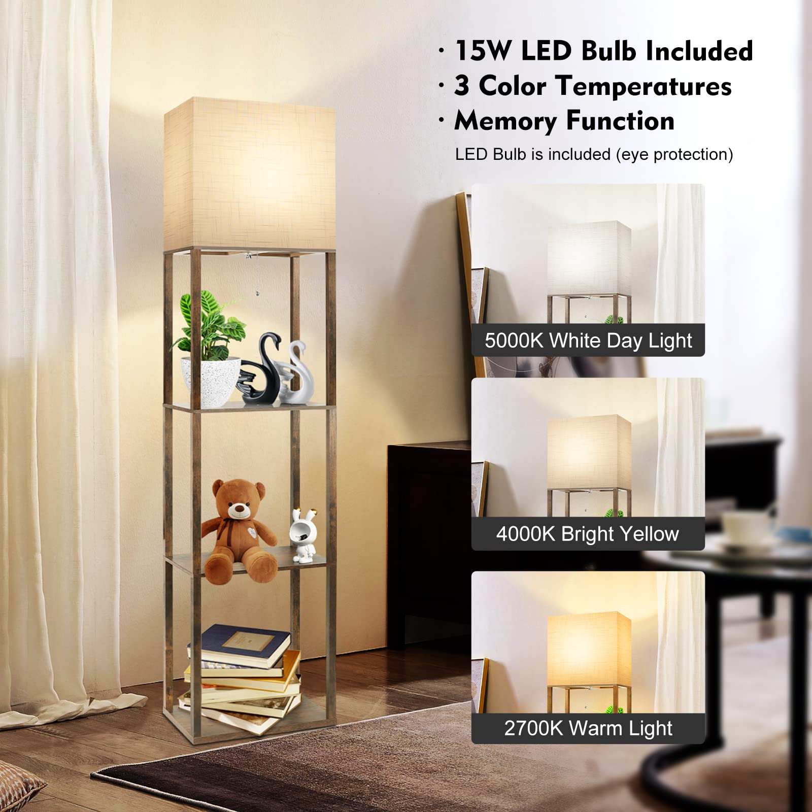 Runtop Plus Modern Shelf Floor Lamp With 15W Led Bulb, Memory Function, Brown Wood Design
