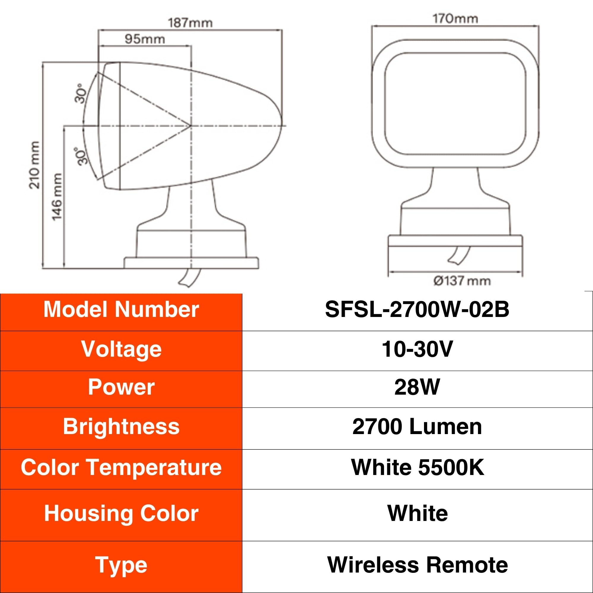 Seaflo 360 Rotating Remote Control Led Searchlight  10-30V  Auto-Reset  Ip66 Waterproof  Marine Spotlight For Boats  Truck  Vehicles  Ce & Rohs Certified (Wireless Remote/Black/White Light 5500K)