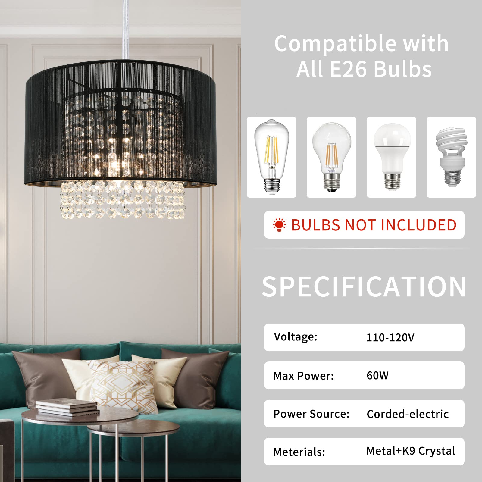 TISLYCO Plug-in Chandelier, 15ft Cord Crystal Pendant Light, Black, Perfect for Bedroom or Living Room