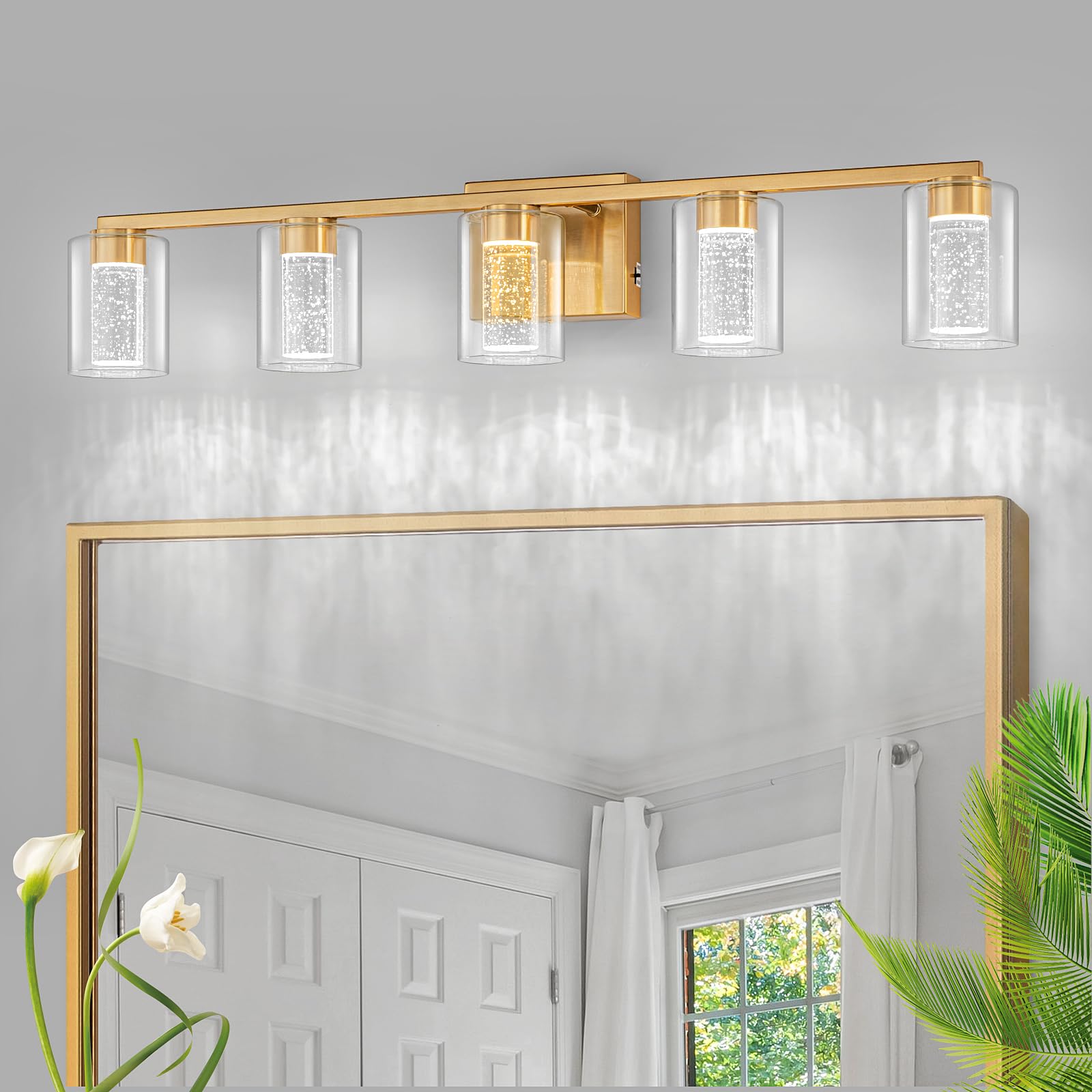 SineRise 5-Light Gold Vanity Light, Dimmable LED Fixture with 3 Color Modes, Stainless Steel, Clear Glass Shade