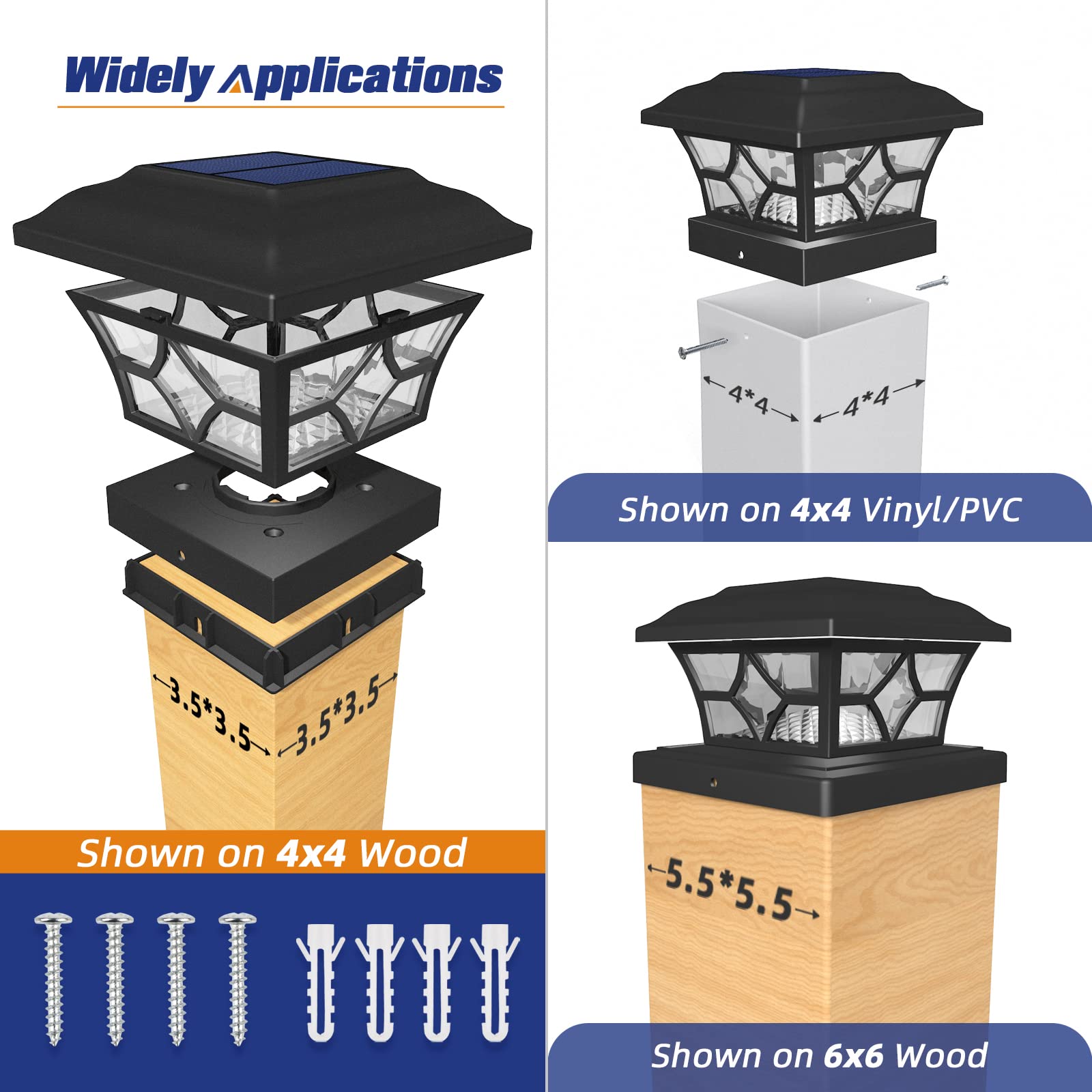 APONUO Solar Post Cap Lights, IP64 Waterproof, 2 Modes, 1000mAh, Black, 4 Pack, Fits 4x4 and 6x6 Posts, Model