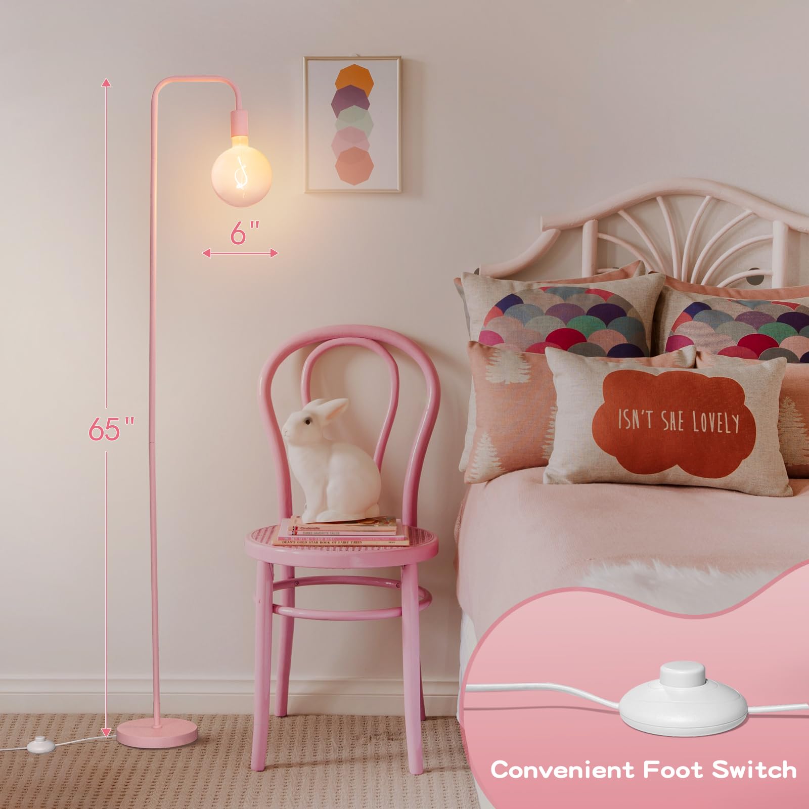 Onewish Pink Floor Lamp For Bedroom, Cute Standing Lamp With Led Bulb, Translucent Pink Globe Glass 2700K Warm Lighting. Globe F