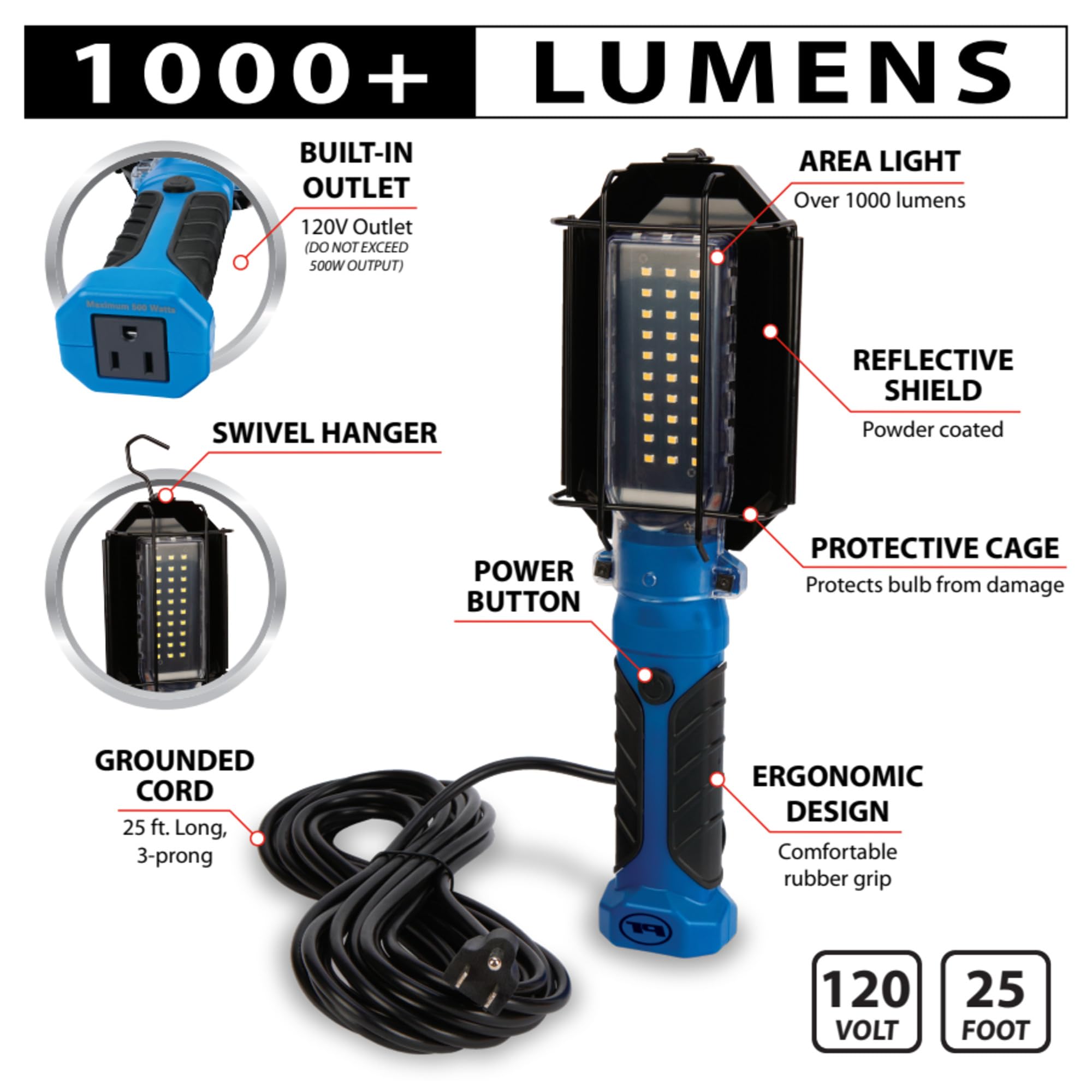 Performance Tool W2237 25' 18Ga 1,000 Lumen 120V Led Drop Light With Extra Built In 120V Outlet, 1 Pack