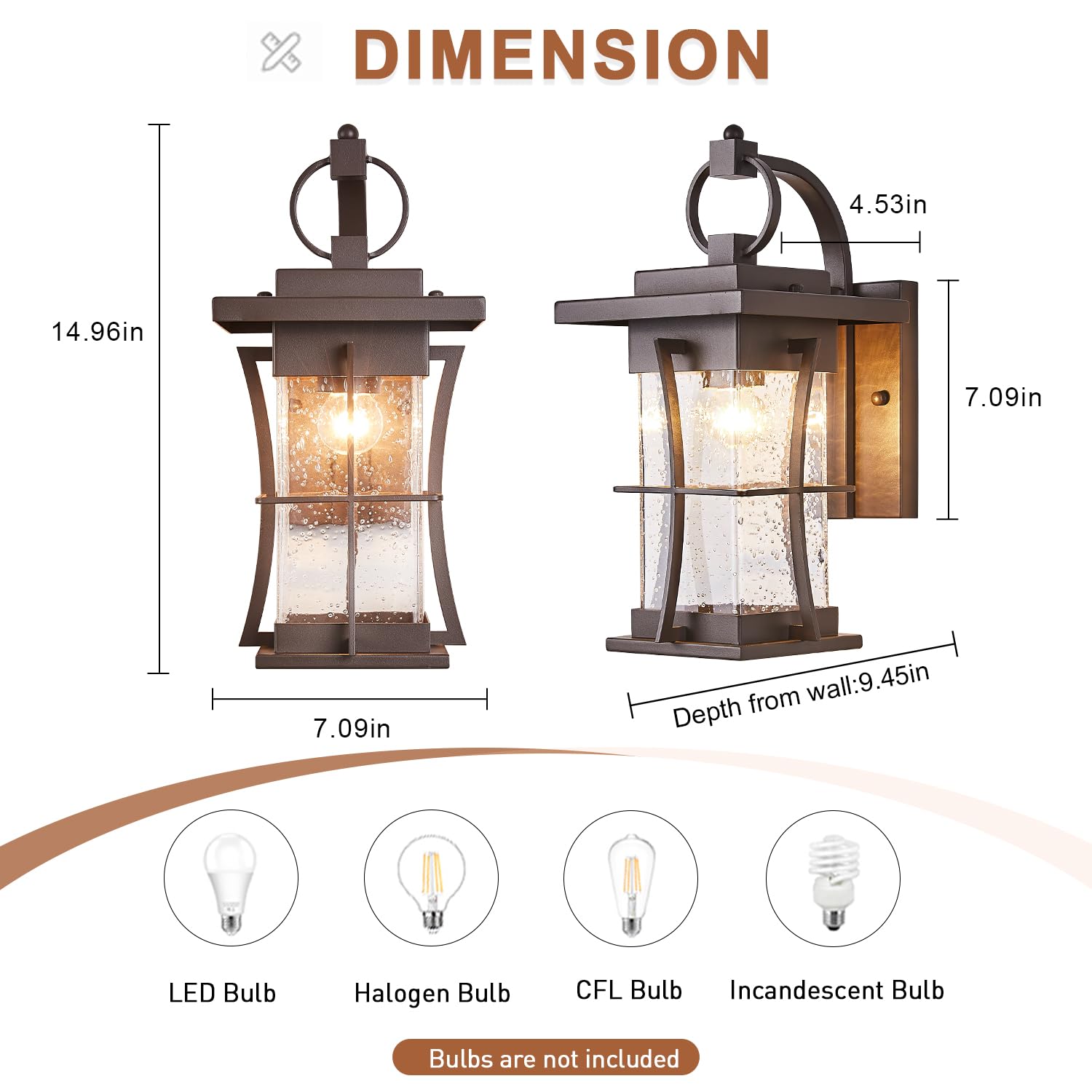 EERU Outdoor Wall Sconce Light Fixture, Oil-Rubbed Bronze, Large, Metal, Model EERU10, Seeded Glass, Porch Lantern