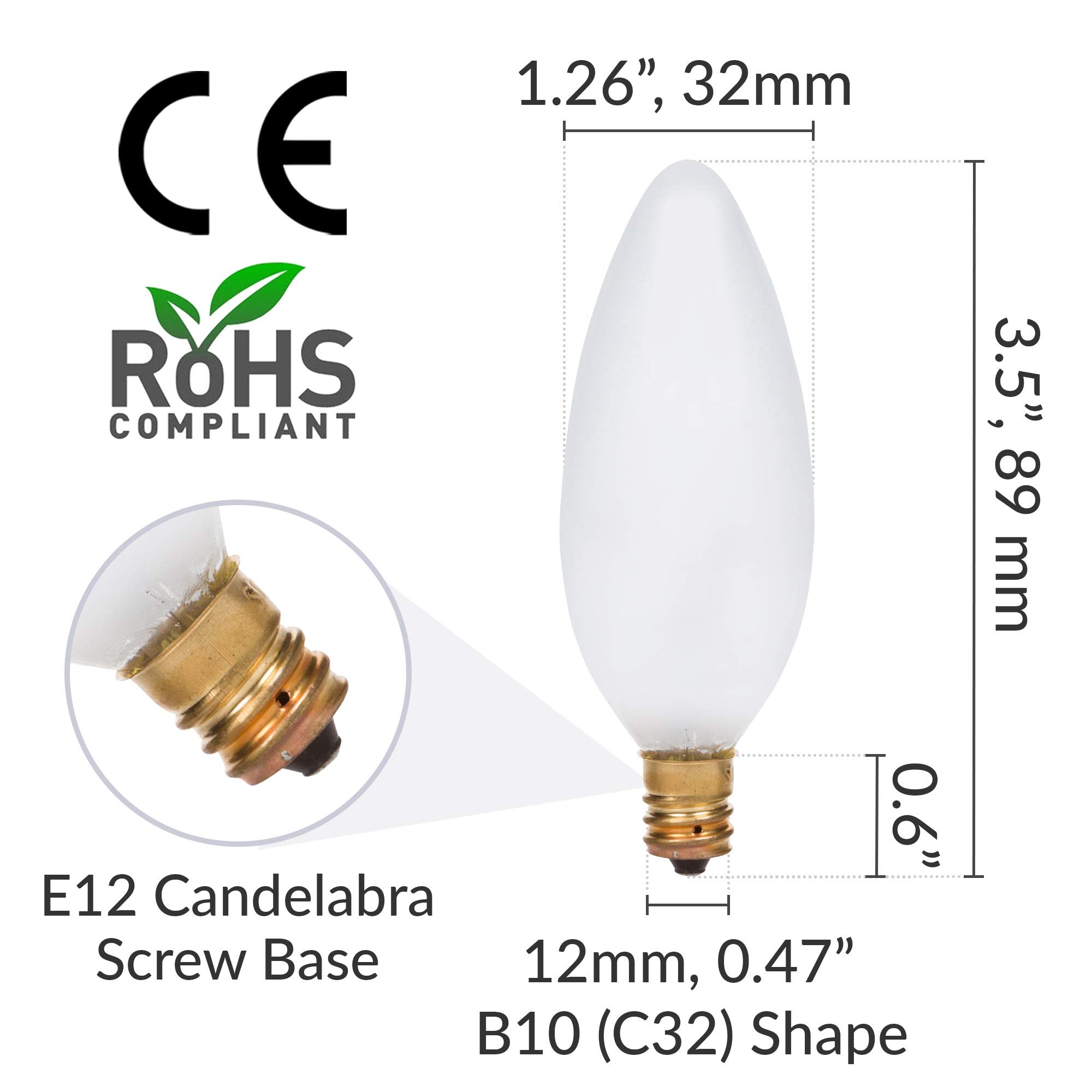 Simba Lighting Candelabra Torpedo Bulbs, 40W E12 Base, Frosted Glass, 12 Pack, 2700K Warm White, Dimmable for Chandeliers & Fans