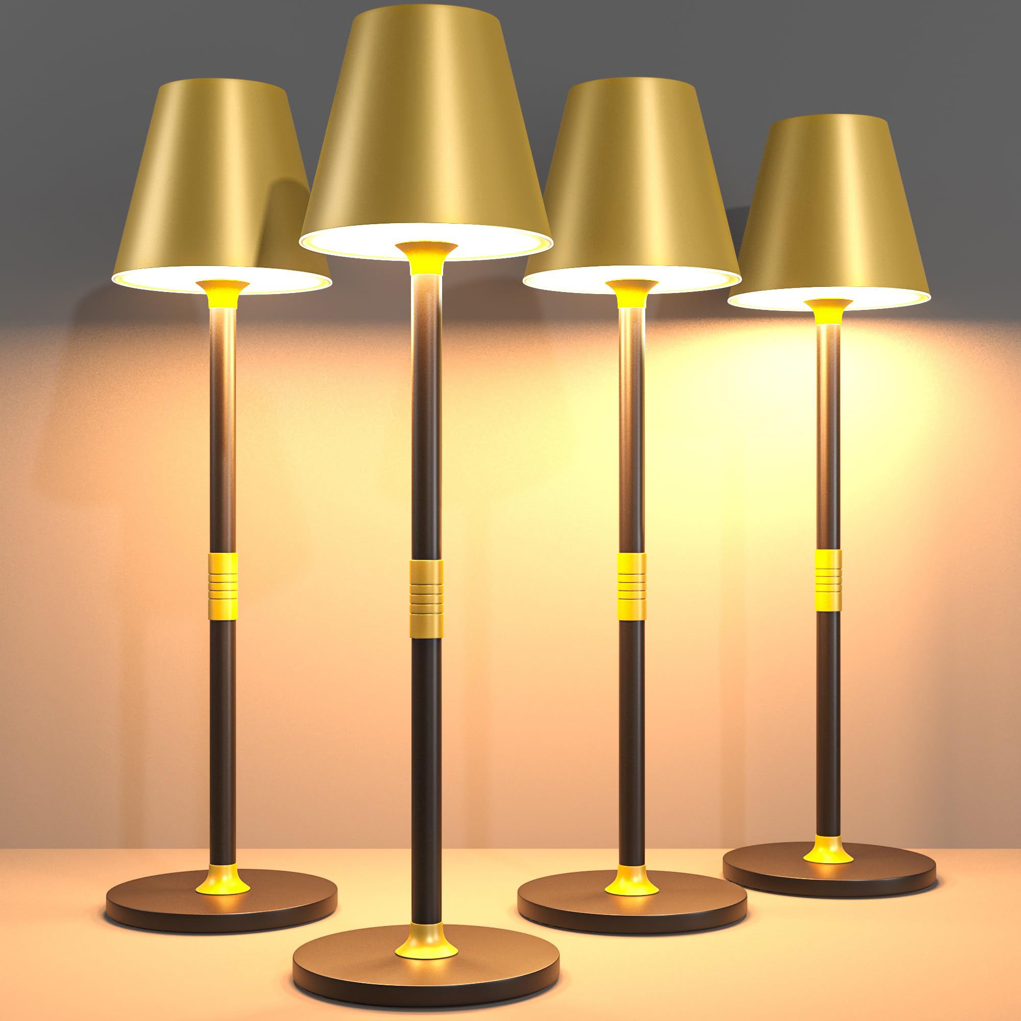 Timjorman LED Cordless Table Lamp, Rechargeable 4000mAh, 3-Level Brightness, Minimalist Design, Gold & Black, 4-Pack