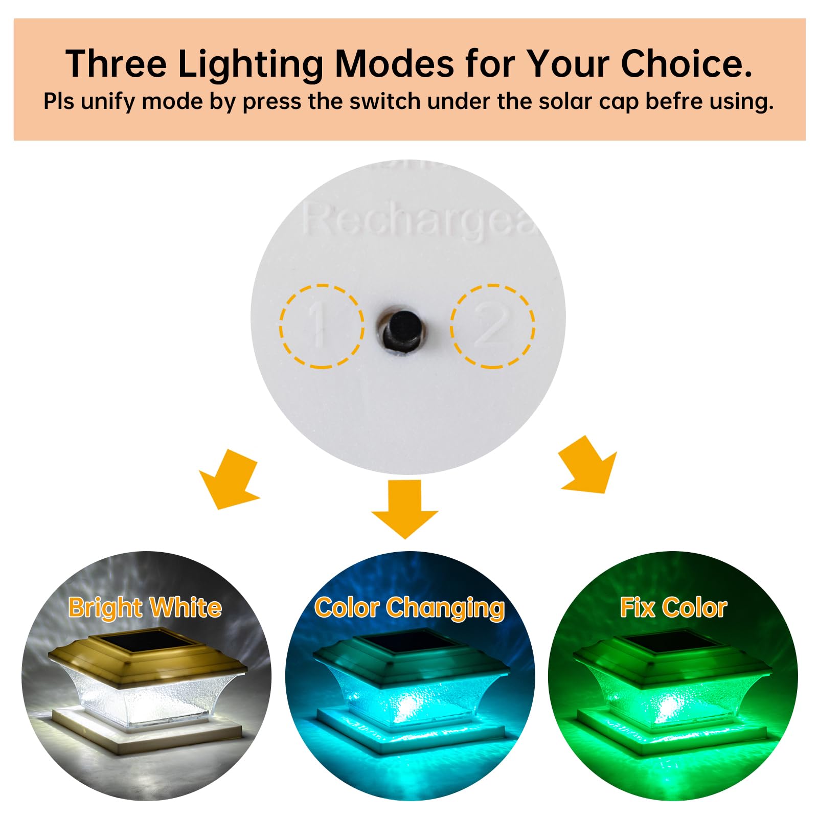 HUYIENO Solar Post Cap Lights Outdoor LED Lighting Deck Fence Cap Light 9 Light Modes Bright White/7 Color Fixed Modes/7 Color C