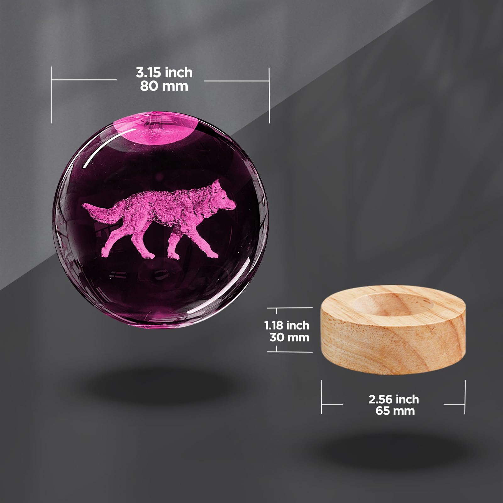 Oriamde 3D Wolf Crystal Ball Night Light 3.15 Inch Wolf Figurine Glass Ball Lamp With 16 Color Changing Wooden Base Wolf Home De