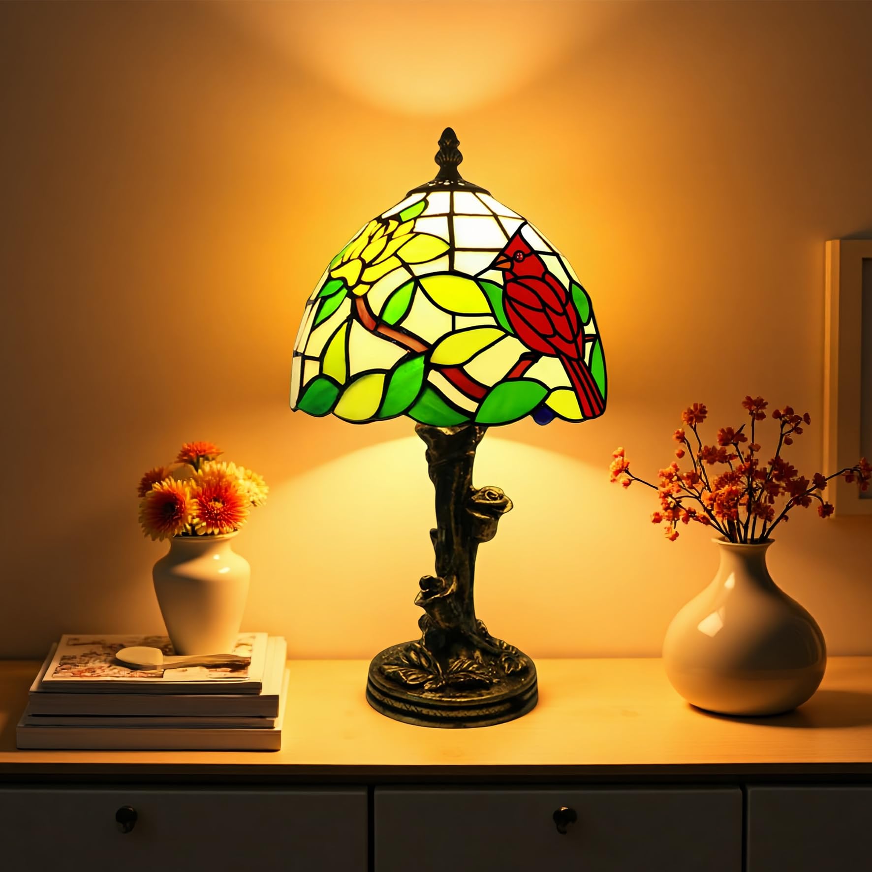 Exporify Tiffany Style Table Lamp Cardinal Stained Glass Lamp 8 Tiffany Lamp For Living Room Home Bedroom Bedside Vintage Lamp For Office Dorm Bar Decor Gift Included Led Bulb
