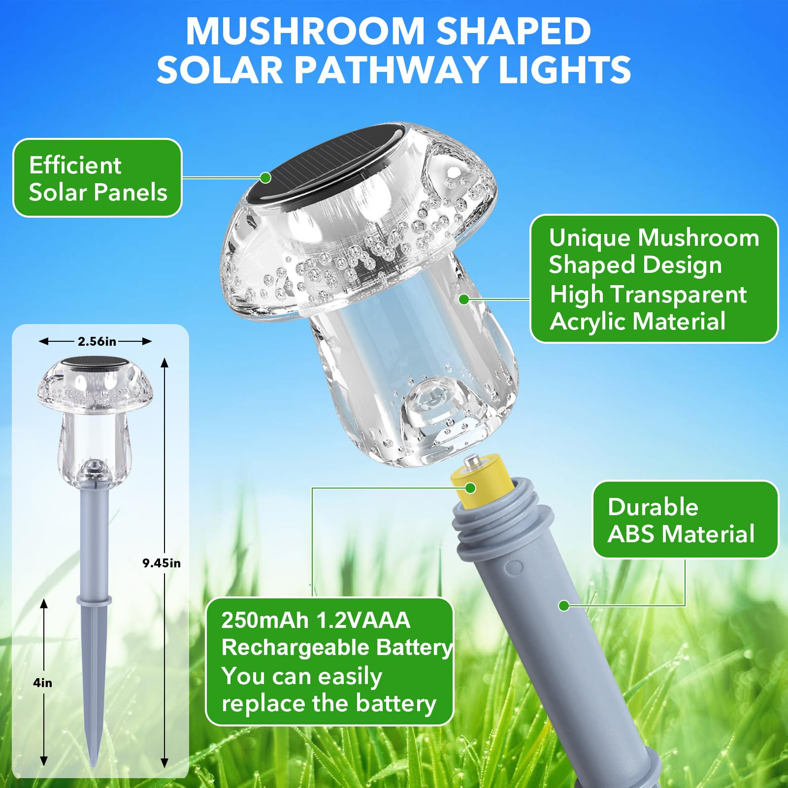 Benany Solar Pathway Lights, 8 Pack, LED Mushroom Design, 2.5"W x 9.4"H, Warm White, High Transparency Acrylic, Model MU001