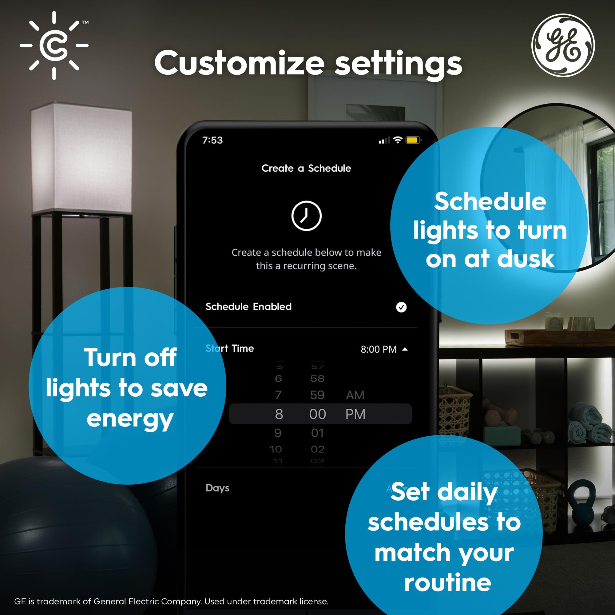 GE CYNC Smart LED Light Bulbs, Soft White, Bluetooth/Wi-Fi, 4 Pack, Small Base, Plastic