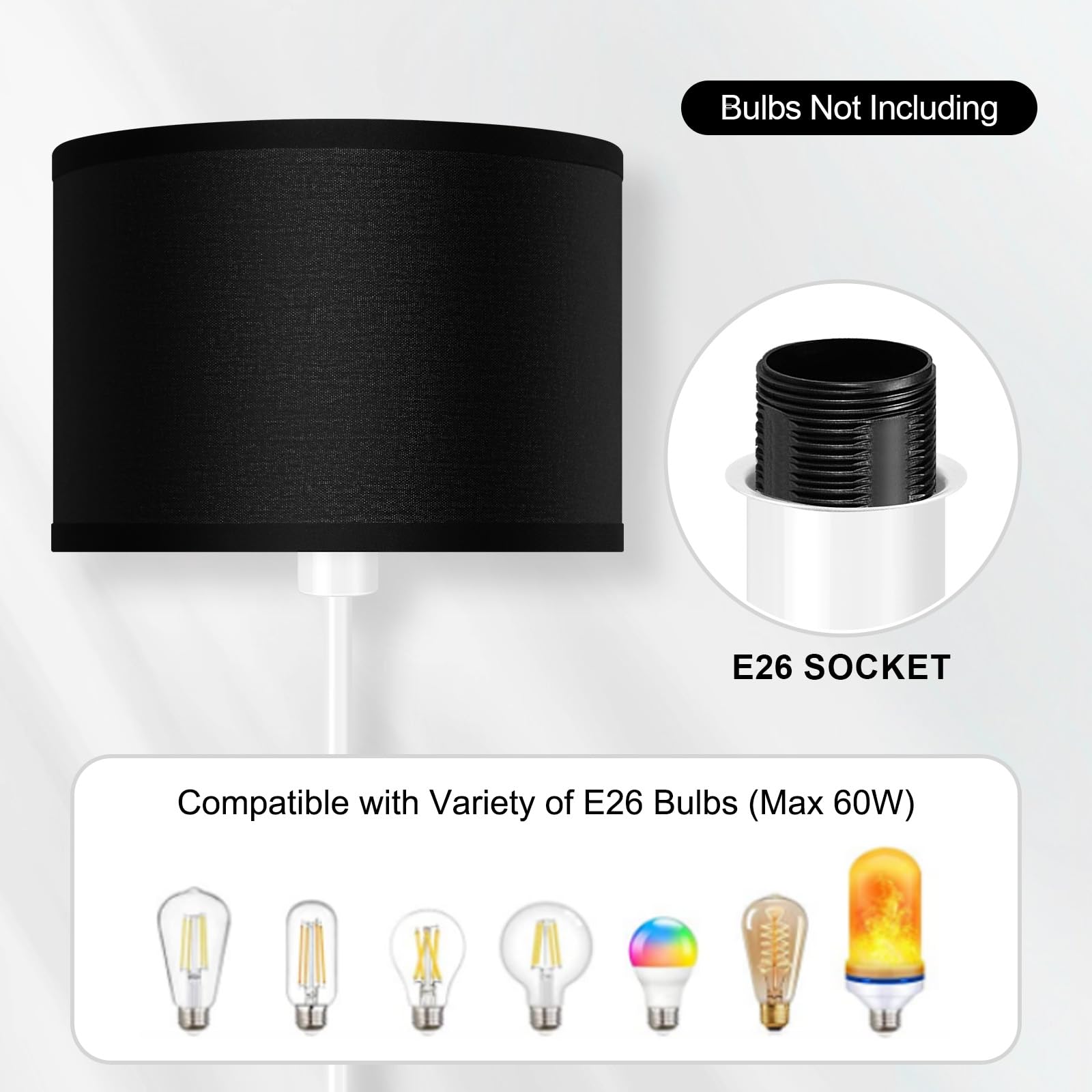 Floor Lamp White  Standing Lamp  58  Tall Floor Lamp With Black Lampshade  Foot Pedal Switch  Modern Bright Floor Lamps For Living Room/Bedroom/Classroom/Kids Room  White Lamp For Girls  Gift(No Bulb)