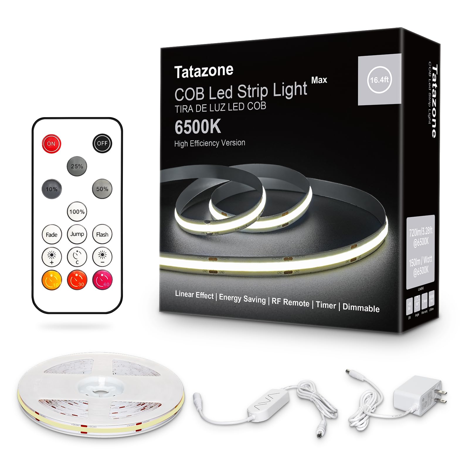 Tatazone White COB Led Strip Light Max with RF Remote, 16.4ft 6500K Dimmable Ultra Bright Daylight White COB Light Strip, Indoor