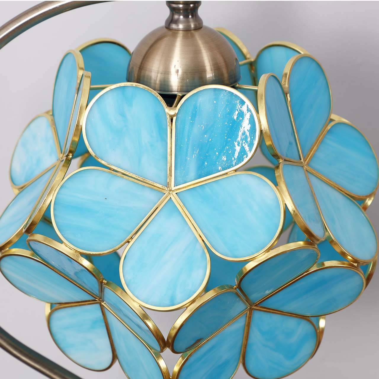 Bieye Tiffany Style Stained Glass Table Lamp - 8in Cherry Blossom, Sky Blue, Model PETALTABLE