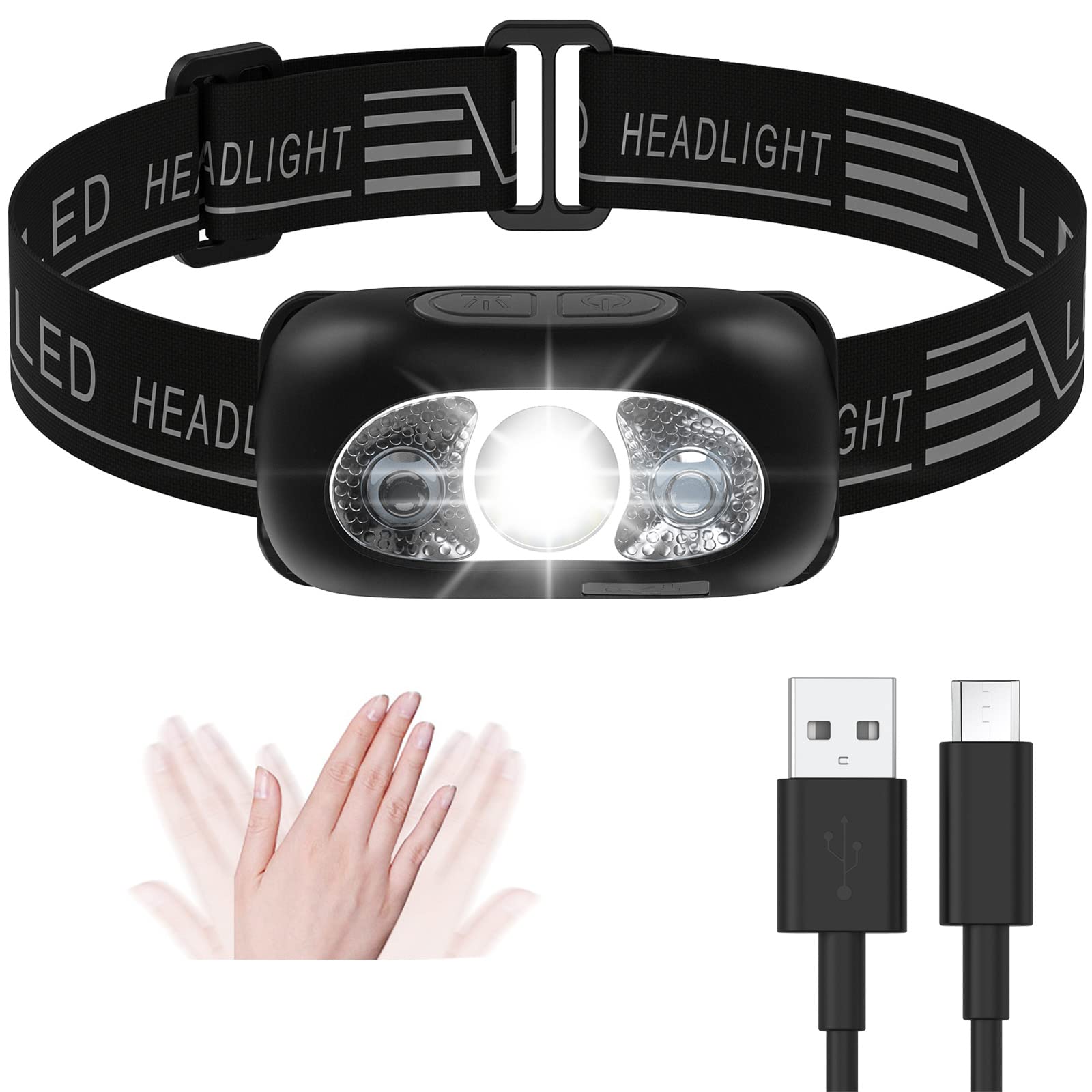 XINYANG LED Headlamp,USB Rechargeable with Motion Sensor Head Torch,Waterproof Headlamp Flashlight, 5 Lighting Modes Headlights 