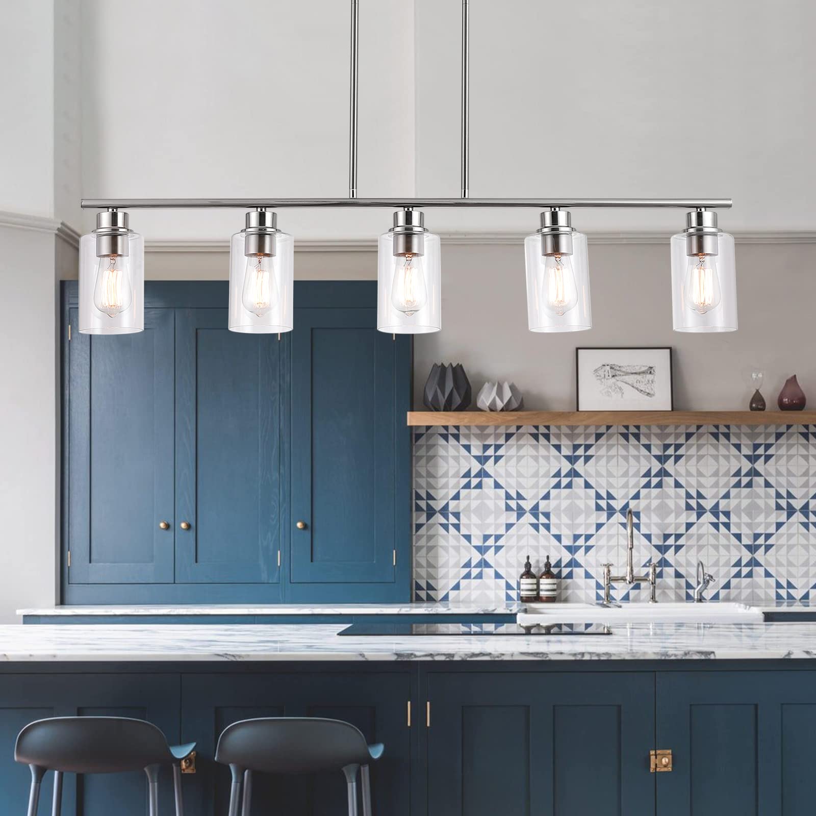 Mavcadonf Kitchen Island Light, 5-Light Pendant Lighting, Farmhouse Dining Room Light Fixtures For Kitchen Island Dining Living Room, Brushed Nickel With Clear Glass Shade