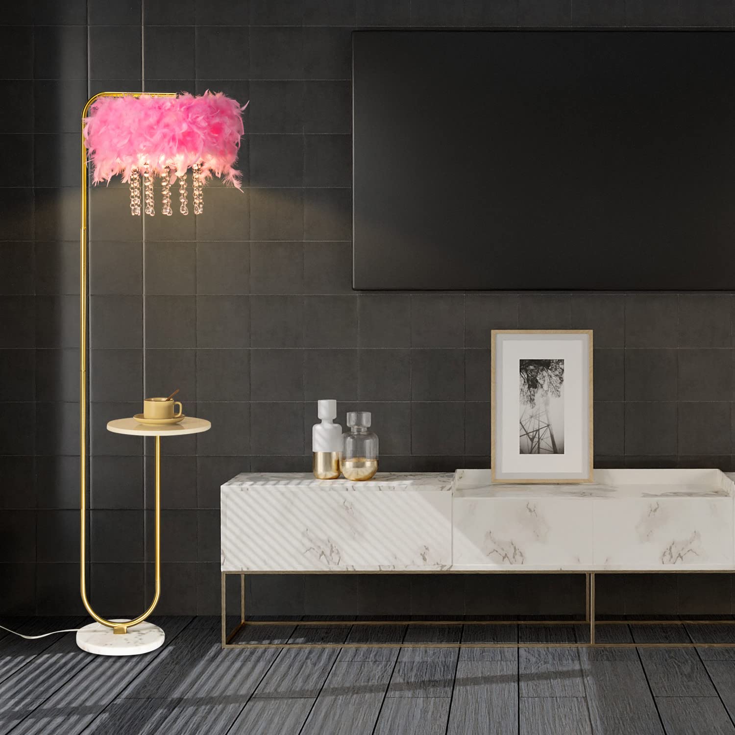 beaysyty Unique LED Pink Feather Floor Lamp, Brass Finish, 64.96" Tall, Foot Switch, Ideal for Living Room & Bedroom Decor