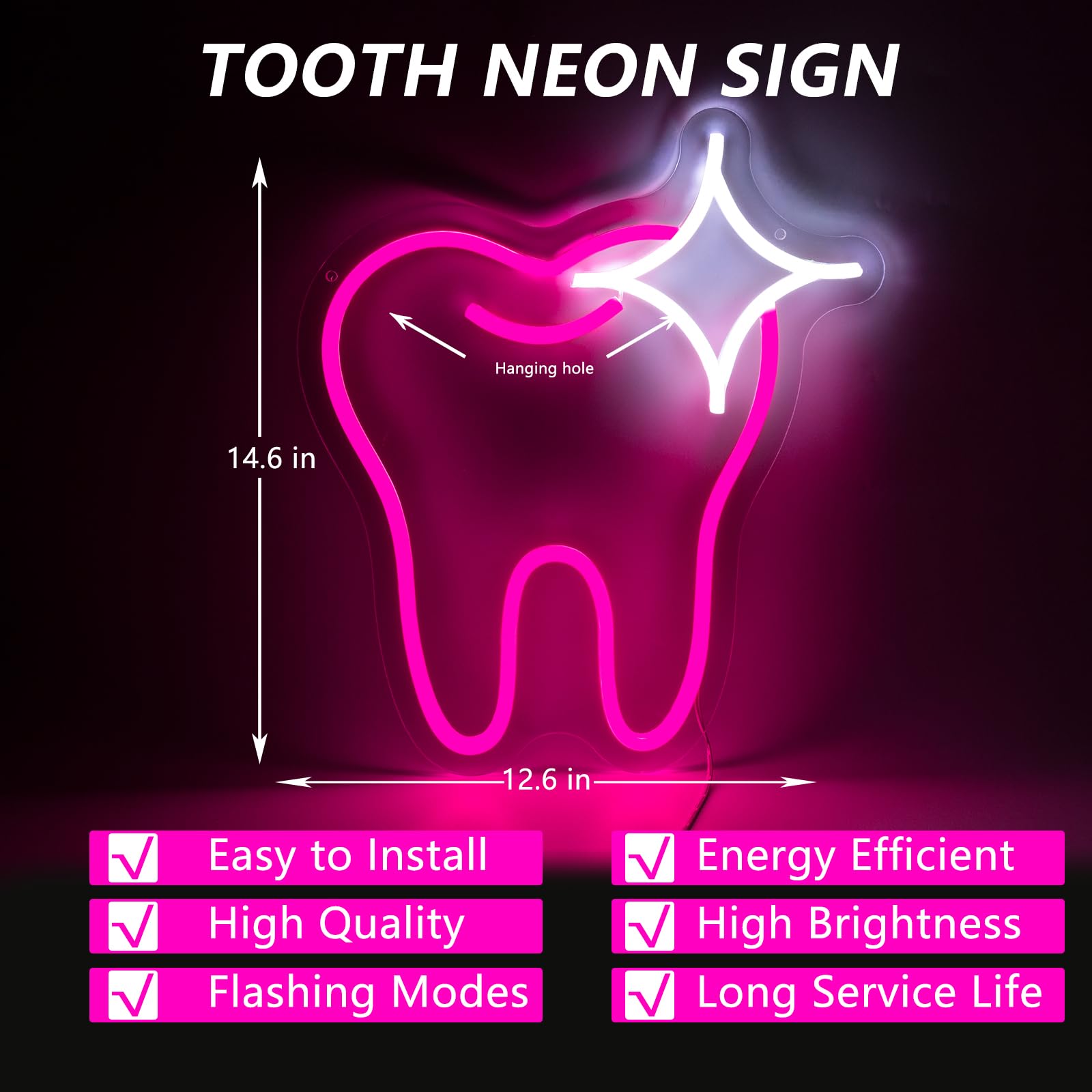 Moodlion Neon Sign Pink Tooth Decor Dental Office Light up Assistant Accessories Decoration, LED Neon Signs Smile Wall Art, Neon