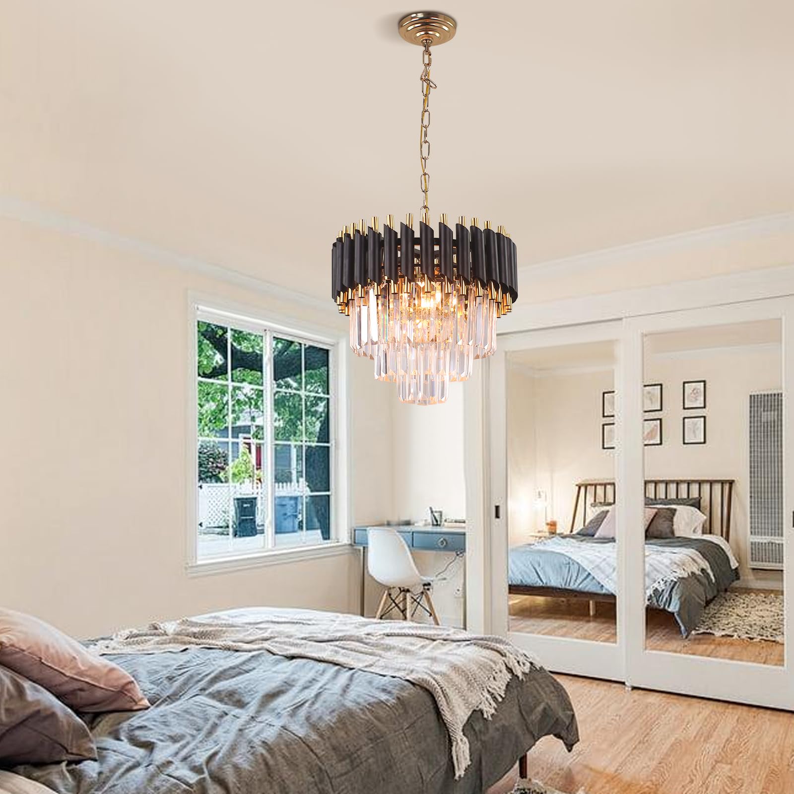 Frixchur 16&quot; Modern Crystal Chandelier - 3-Tier Black & Gold Raindrop Flush Mount Light Fixture