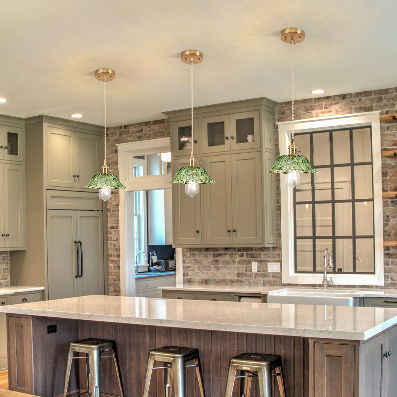 Loiogohot Glass Pendant Light Vintage Light Fixtures,Green Modern Chandelier Pendant,E26 Pendant Lights Kitchen Island,8.7 Inch