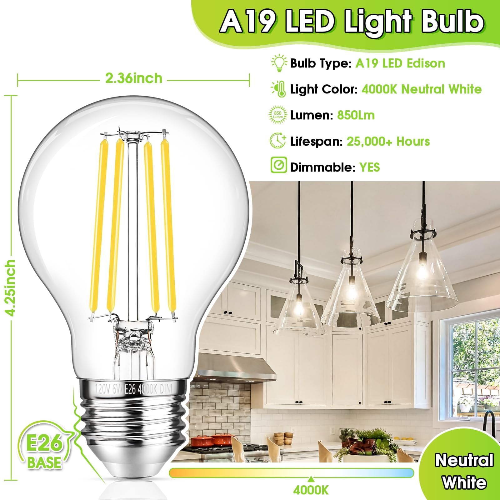 Ggoying 60W Equivalent E26 Led Bulb Dimmable, 850Lm Edison Light Bulbs Neutral White 4000K Clear Glass, 6W A19 Filament Lighting