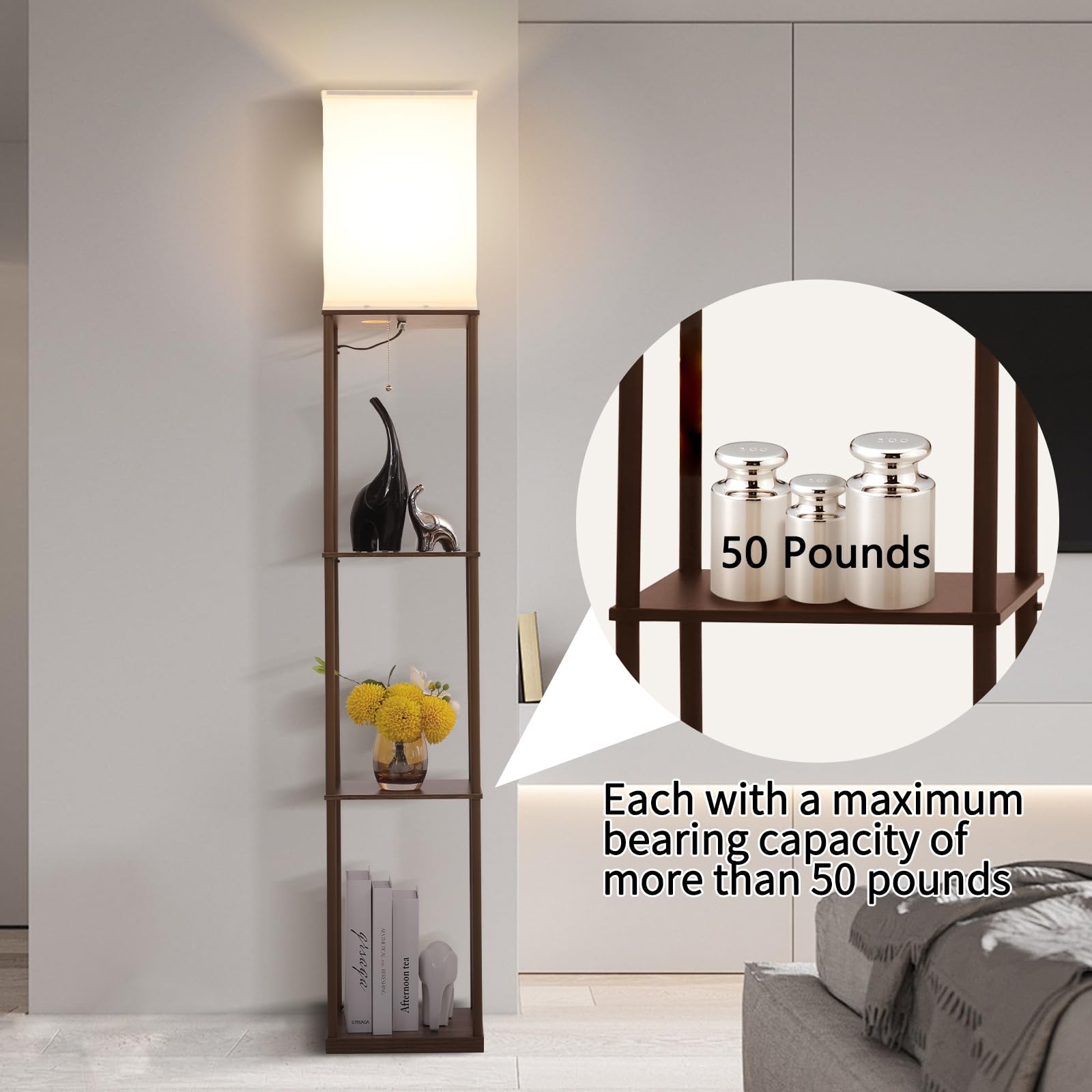 Gupuzm Floor Lamp with Shelves, Modern Wood Design, 3 Color Temperatures, Brown, Model PFL-007
