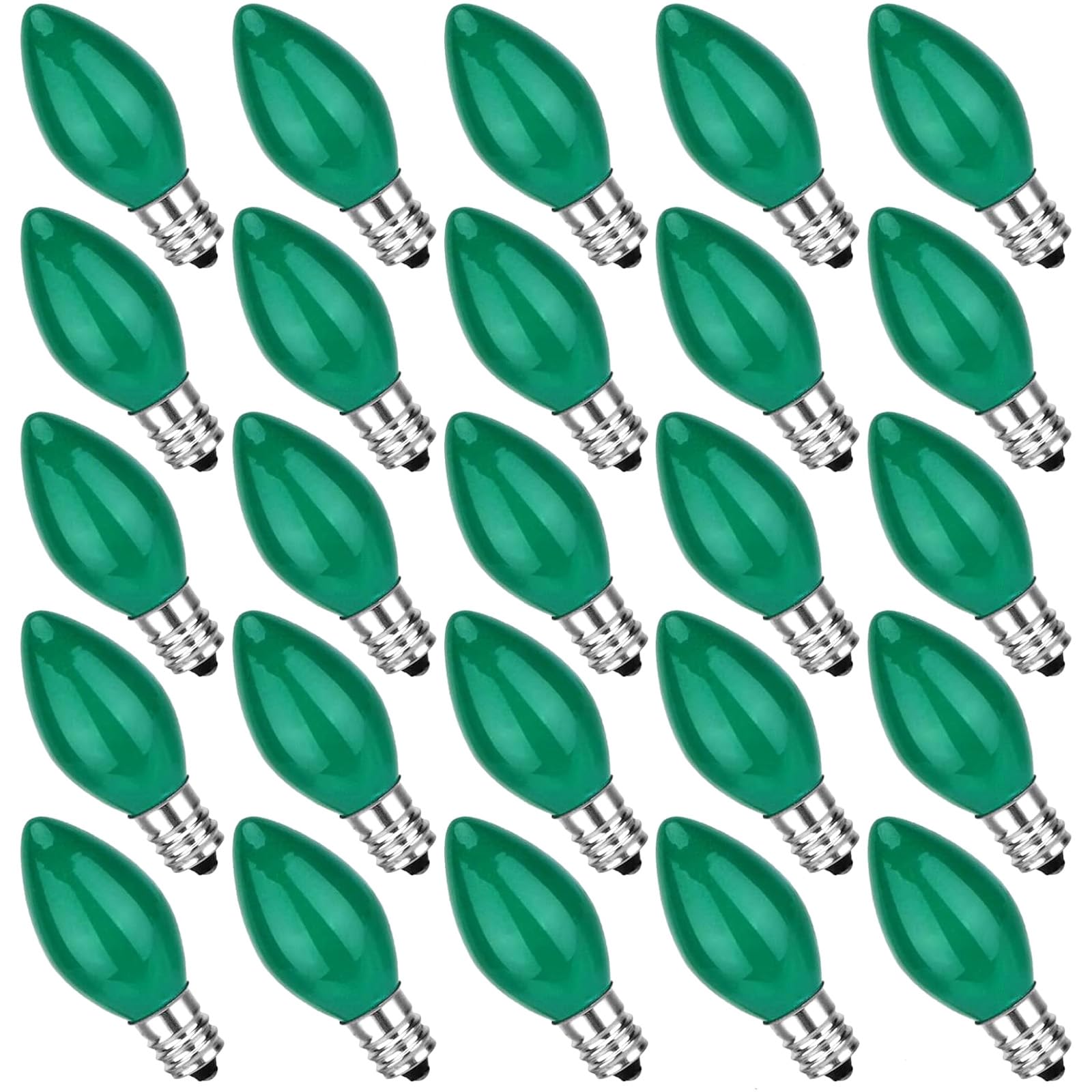 Bokoiuu C7 Replacement Light Bulbs, 25 Pack Christmas Green Night Bulbs, C7/E12 Candelabra Base For Outdoor String Light Incande