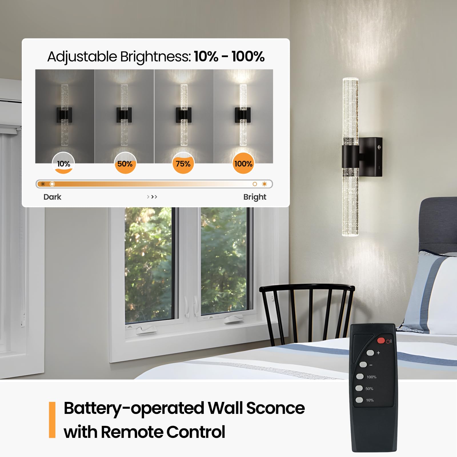 Ccycol Battery Operated Wireless Wall Sconces Set Of Two, Rechargeable Black Wall Sconce Set Of 2 With Remote Control, Modern Le