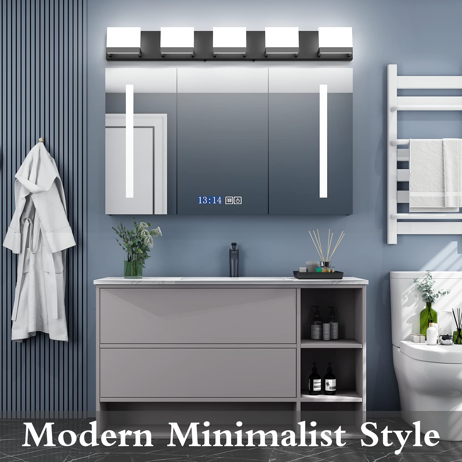 Tipace 5 Lights Modern Black LED Vanity Light Fixture, Matte Black, Model Ca-1103-5T, Up and Down Design for Bathroom Over Mirror