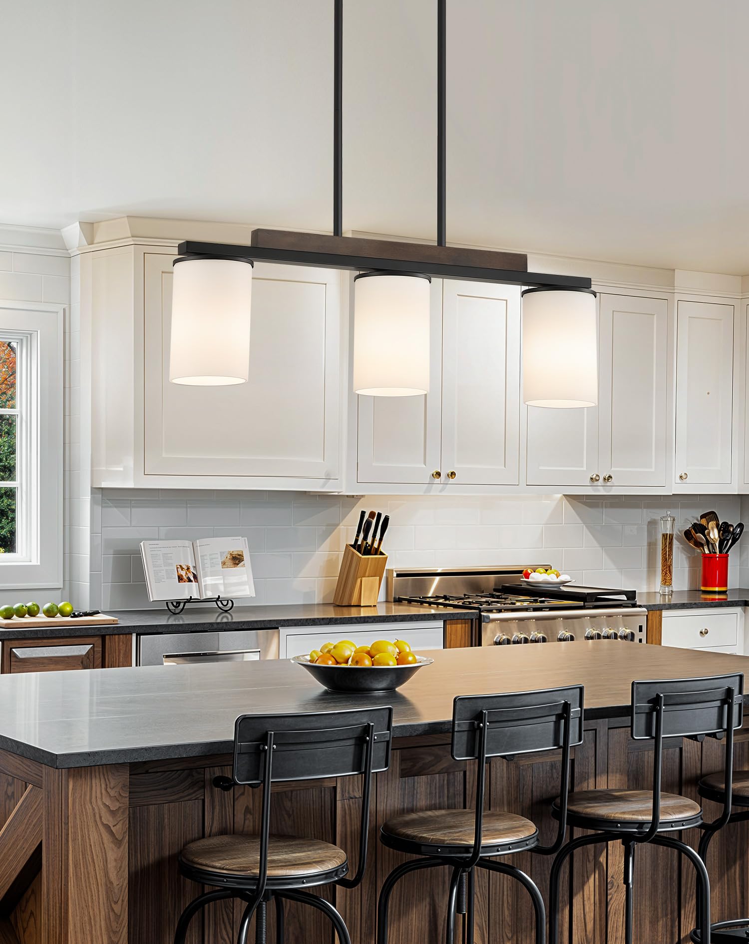Mecgirn 3 Light Linear Chandelier - Black Pendant Light with Milk Glass Shade for Dining Room and Kitchen Island, Model D0016-3-M