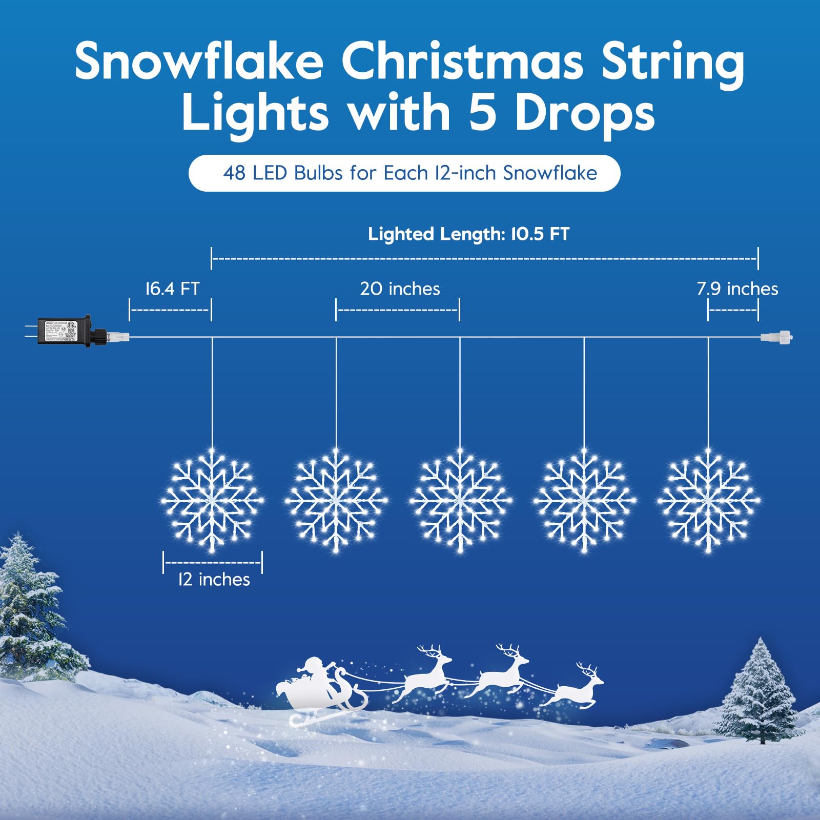 Brightown Christmas Snowflake Icicle Lights - 240LED, 10.5ft, 5 Drops, White, Model JT-EL-FC300V0200-C, 8 Modes for