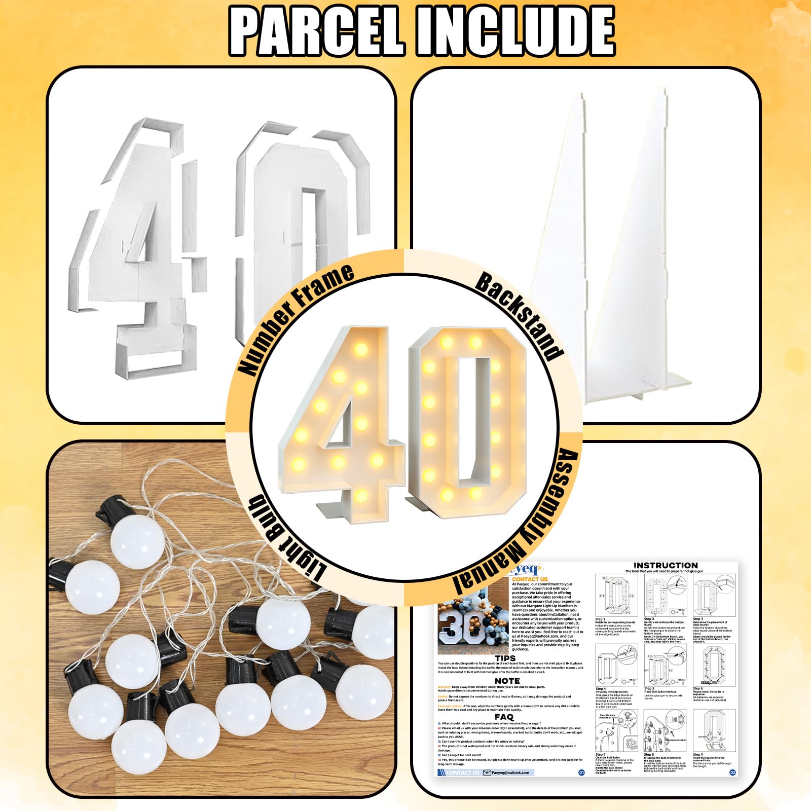 4Ft Light Up Numbers 40 Large Numbers With Lights Bulbs White Marquee Frame For Men Women 40Th Birthday Party Decorations Anniversary Pre-Cut Mosaic Cardboard Giant Cut-Out Thick Foam Board Sign