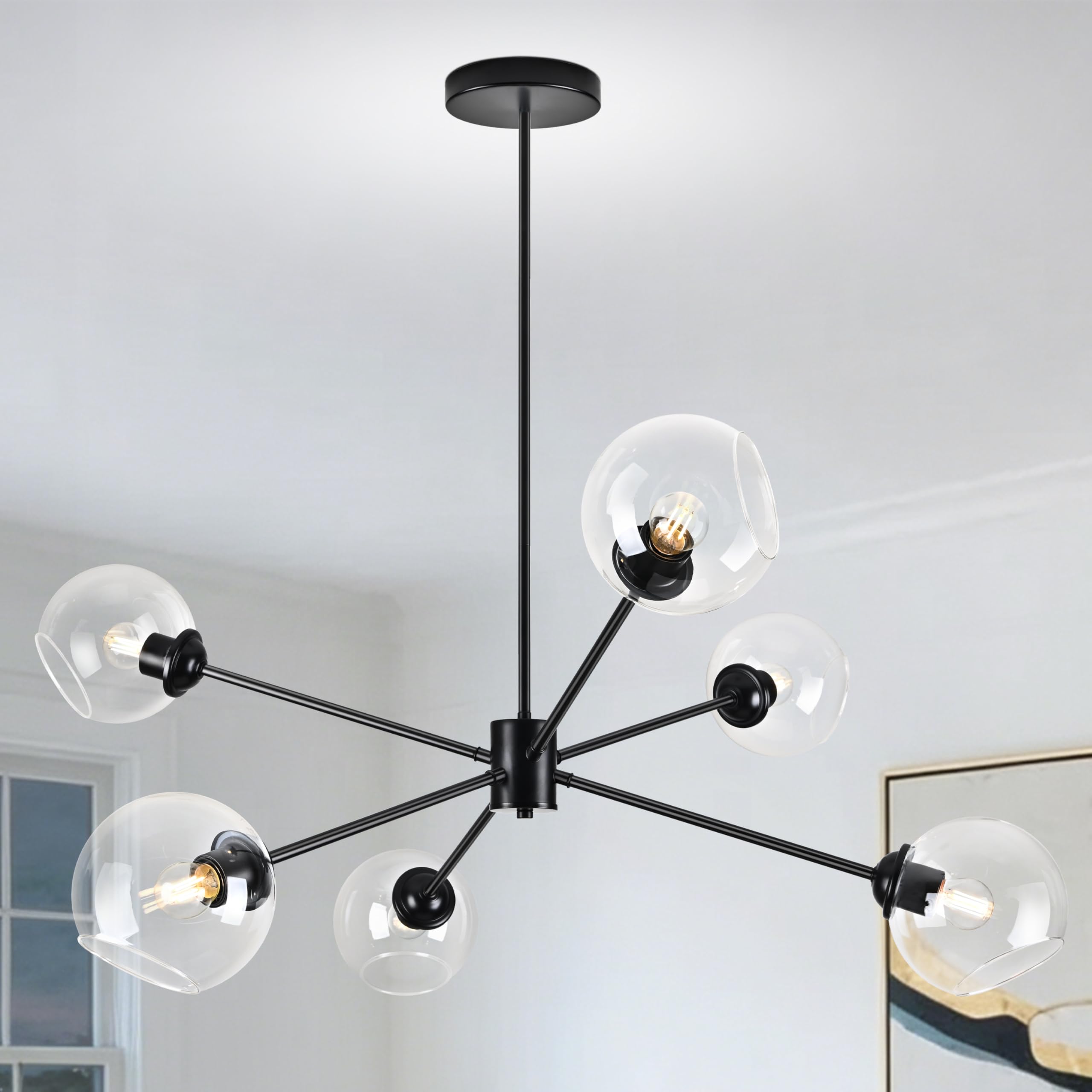 KoKo&Yukina 6-Light Globe Sputnik Chandelier Modern Black Sputnik Chandelier Mid Century Pendant Light Matte Black Finished with