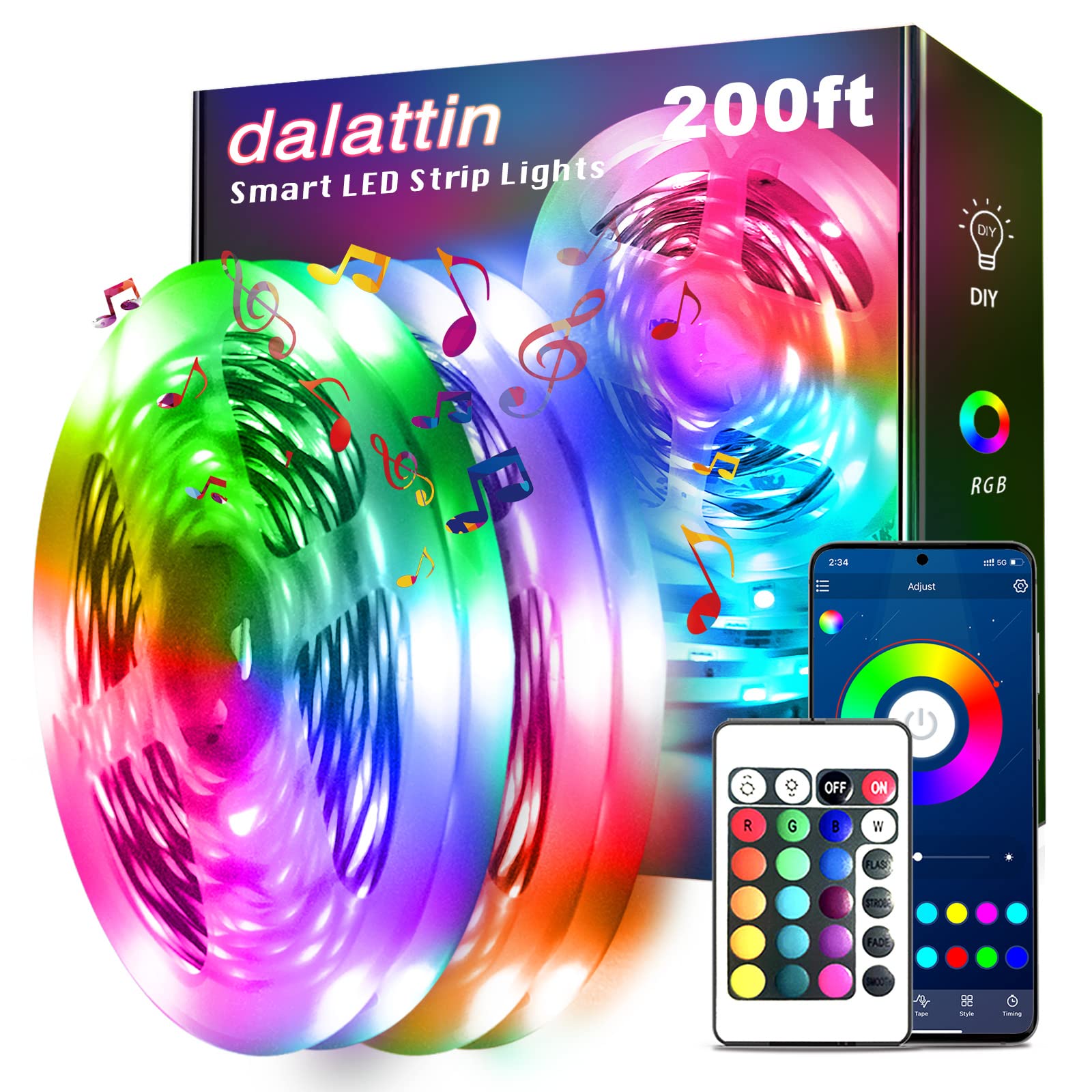 Dalattin Led Lights For Bedroom 200Ft, Smart Led Strip Lights With App Control Remote, Rgb Led Light Strips, 24V Led Strip Light