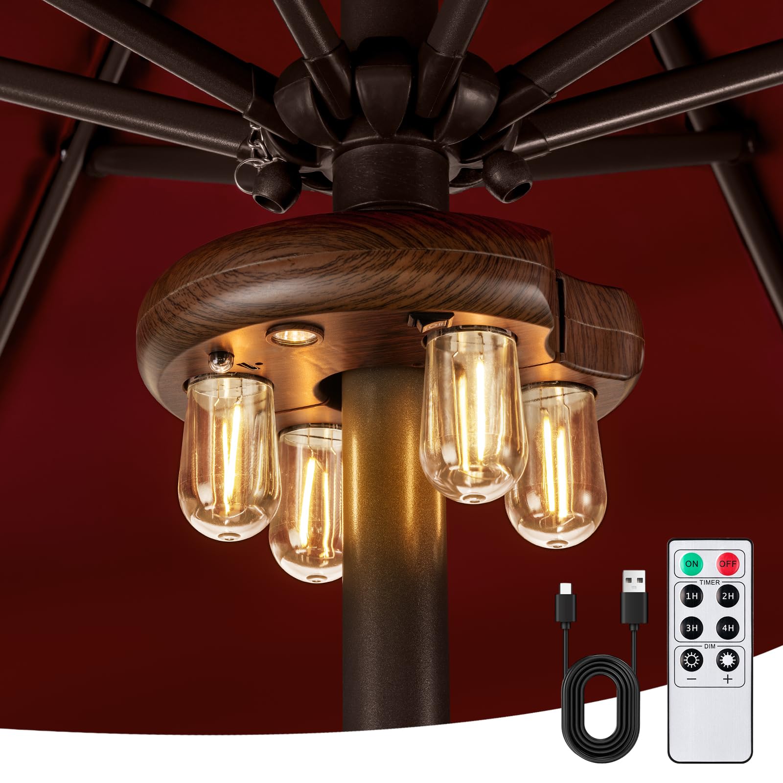 OPOIRA Dark Wood Grain Patio Umbrella Light with Remote Control  Rechargeable Cordless LED Edison Bulbs Pole Light with 10 Brightness Levels for Garden  Patio  Backyard  Camping or BBQ (1 Pack)
