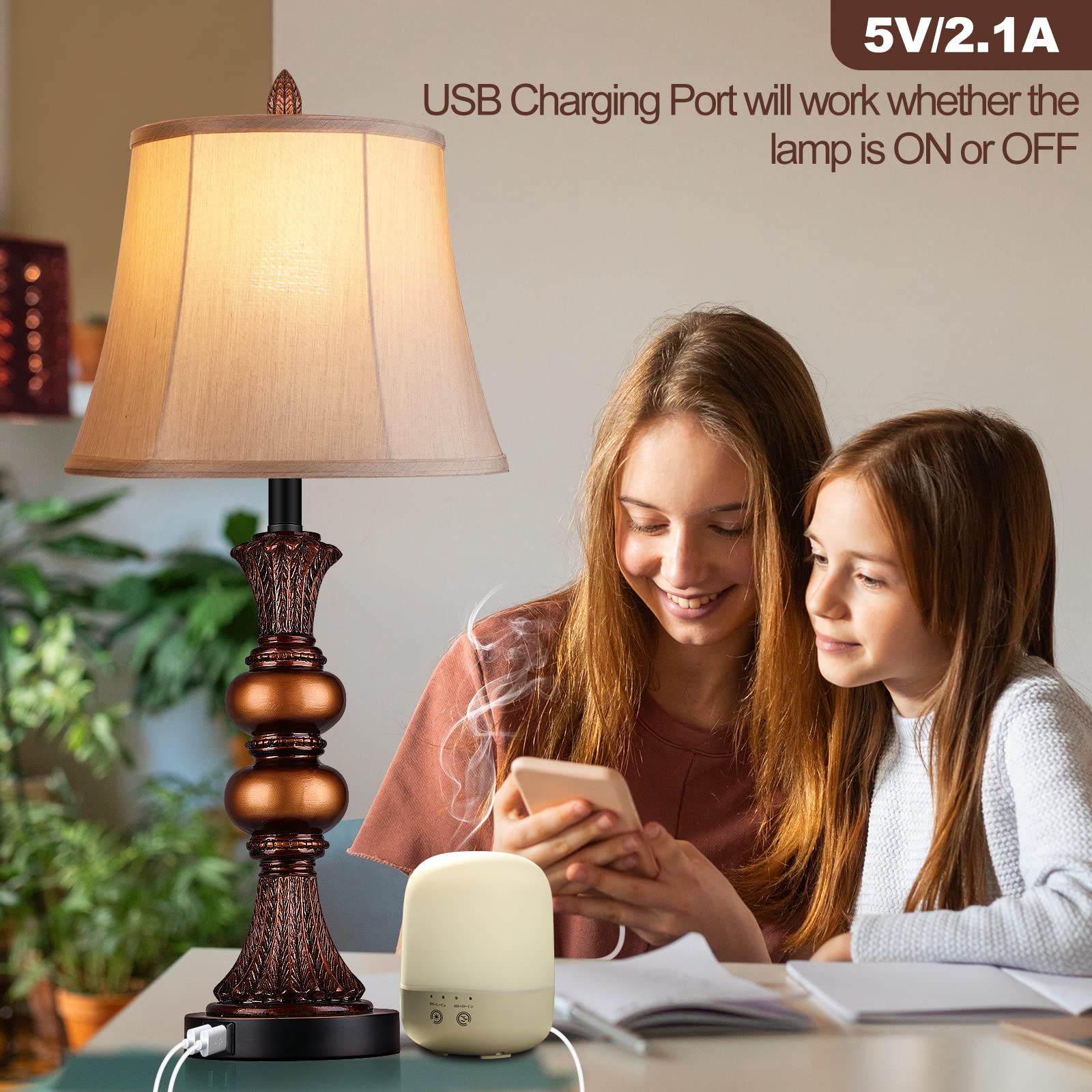 Set Of 2 Touch Control Traditional Table Lamp, 27&quot;H Bedside Lamps With 2 Usb Charging Ports, 3-Way Dimmable Bronze Finish Large Nightstand Lamps With Bell Faux Silk Shade For Living Room, Bedroom