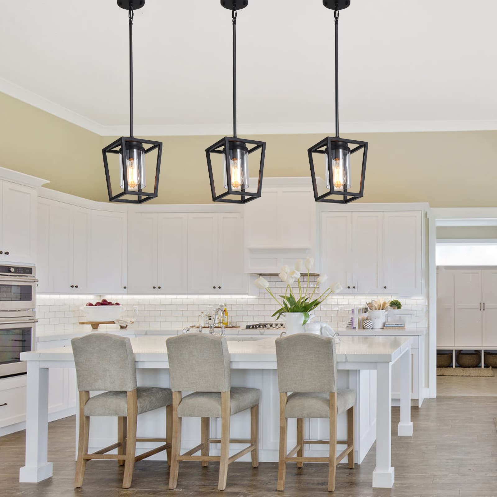 SGLfarmty 1-Light Black Metal Pendant Light Fixture with Glass Shade, Adjustable Lantern for Kitchen Island, Dining Room, Entryway