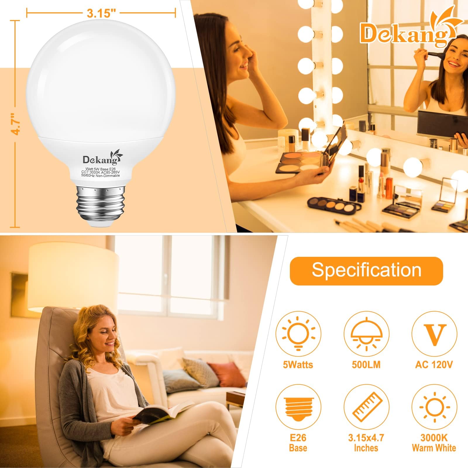 Dekang 4 Pack G25 Led Globe Light Bulbs For Bathroom 3000K Soft White, E26 Base Vanity Light Bulbs 60W Incandescent Equivalent,