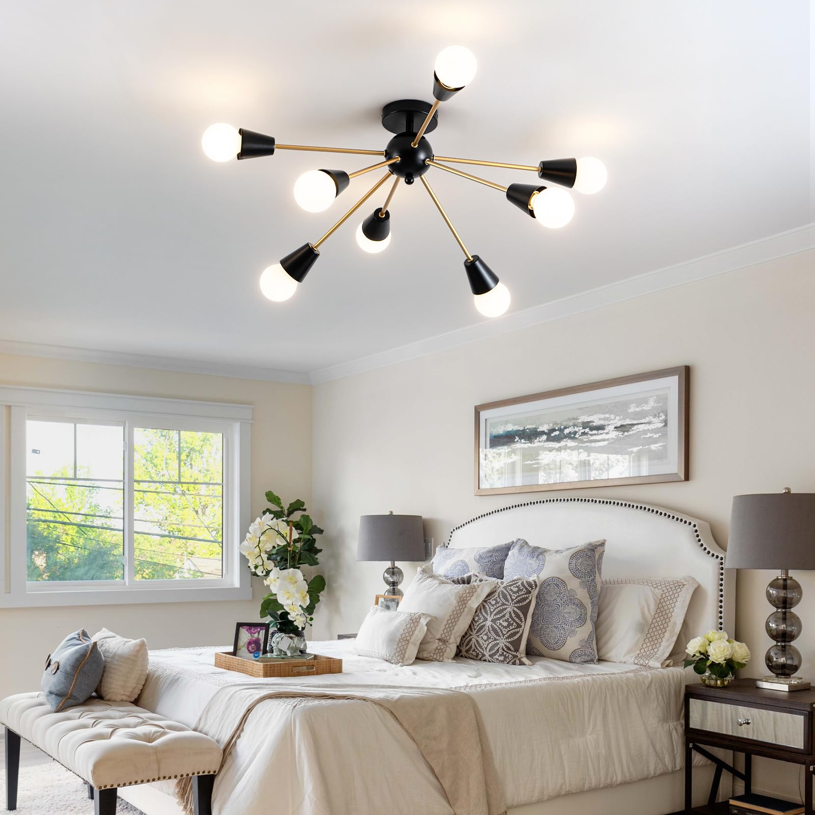Ymlii Modern Sputnik Chandelier - 8-Lights Farmhouse Ceiling Lights Fixture Black And Gold Semi Flush Mount Ceiling Light For Li