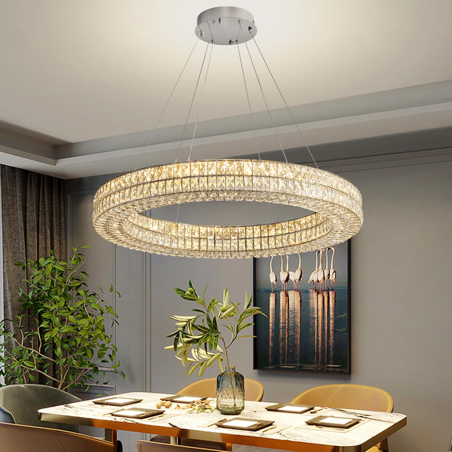 IDEQUY 47.5" Round Crystal Chandelier, Silver Stainless Steel & Acrylic, Dimmable LED Lighting, Model CF8024-120Y