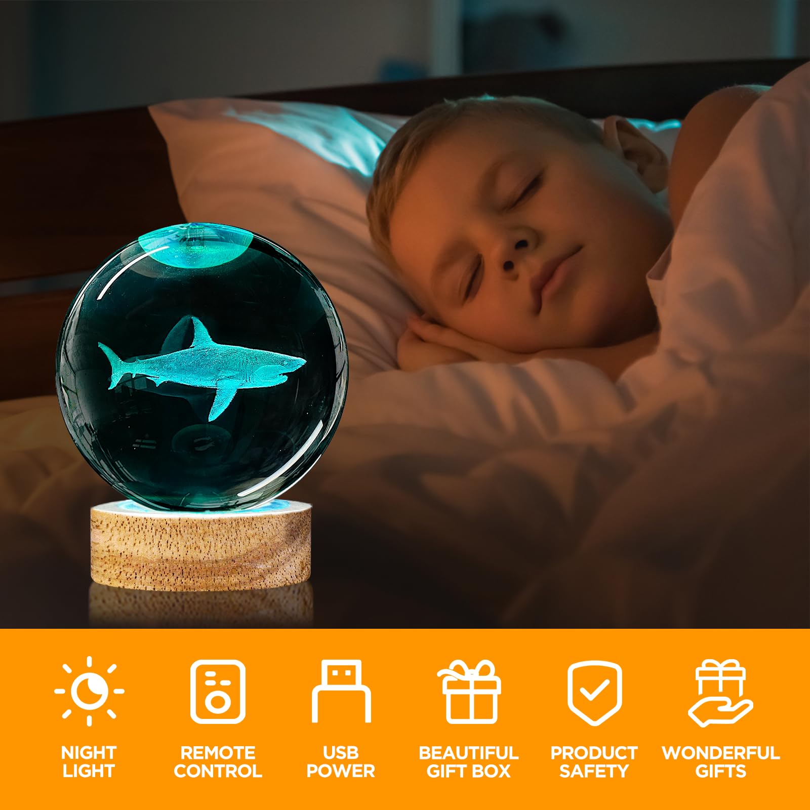 Oriamde 3D Shark Crystal Ball Night Light 3.15 Inch Shark Glass Ball Lamp With 16 Color Wooden Base And Remote Shark Figurines R